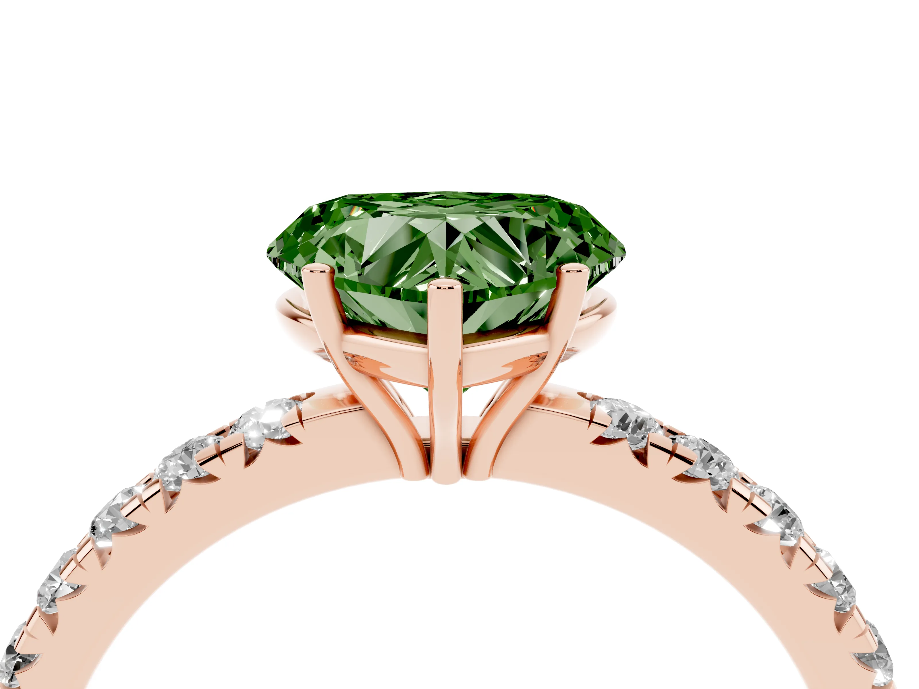 Fancy Green Heart Cut Diamond Pavé Solitaire Engagement Ring Set in Rose gold with Prong Setting