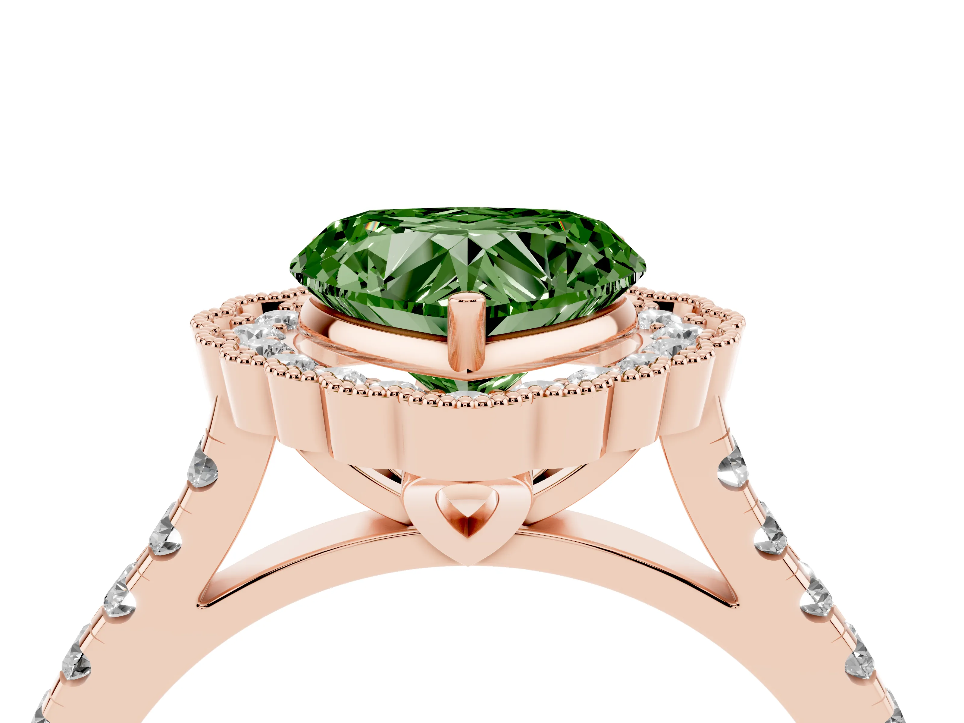Fancy Green Heart Cut Diamond Milgrain Floral Halo Engagement Ring Set in Rose gold with Pavé Band