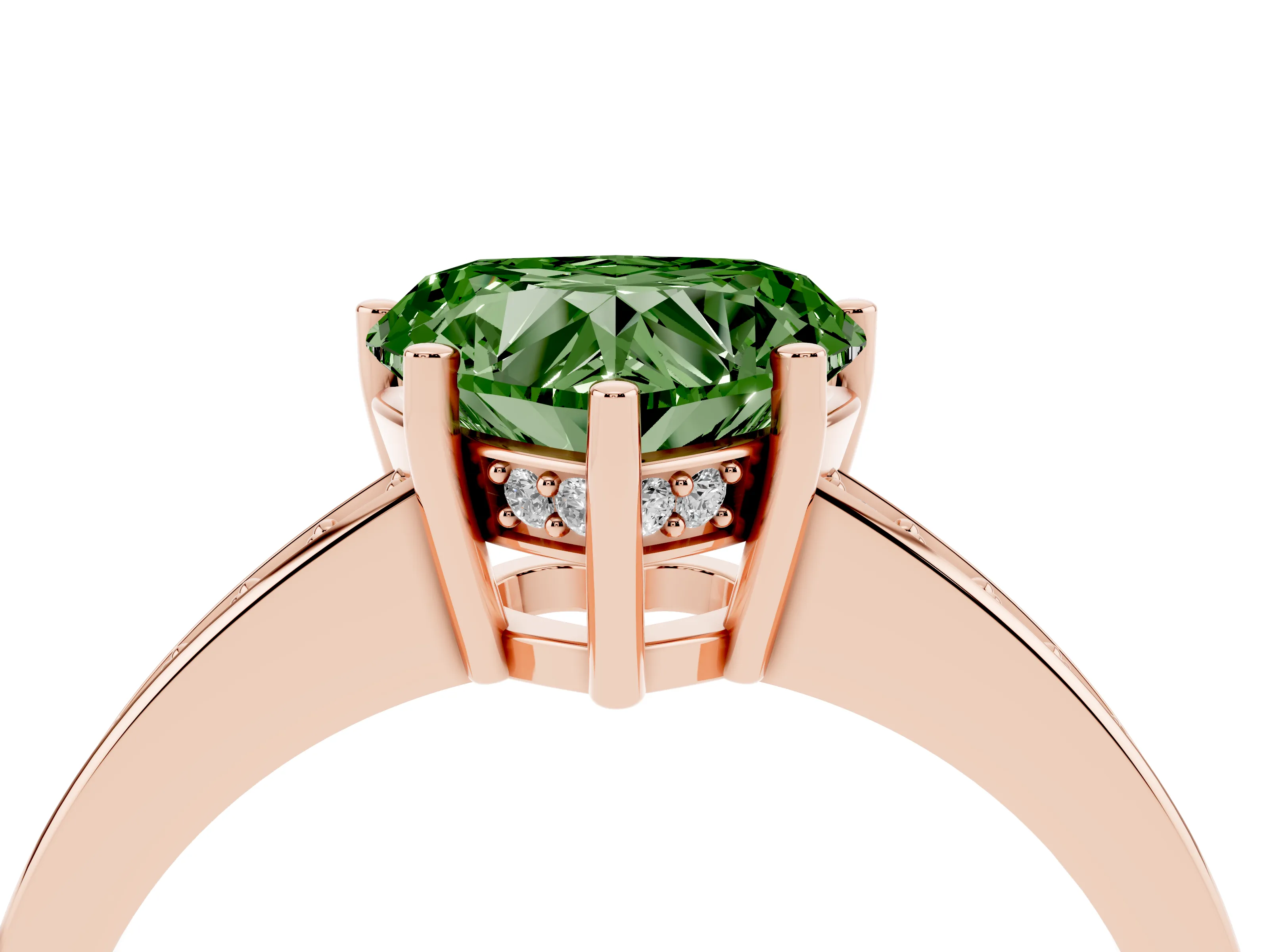 Fancy Green Heart Cut Diamond Pavé Band Prong Set Solitaire Ring Set in Rose gold