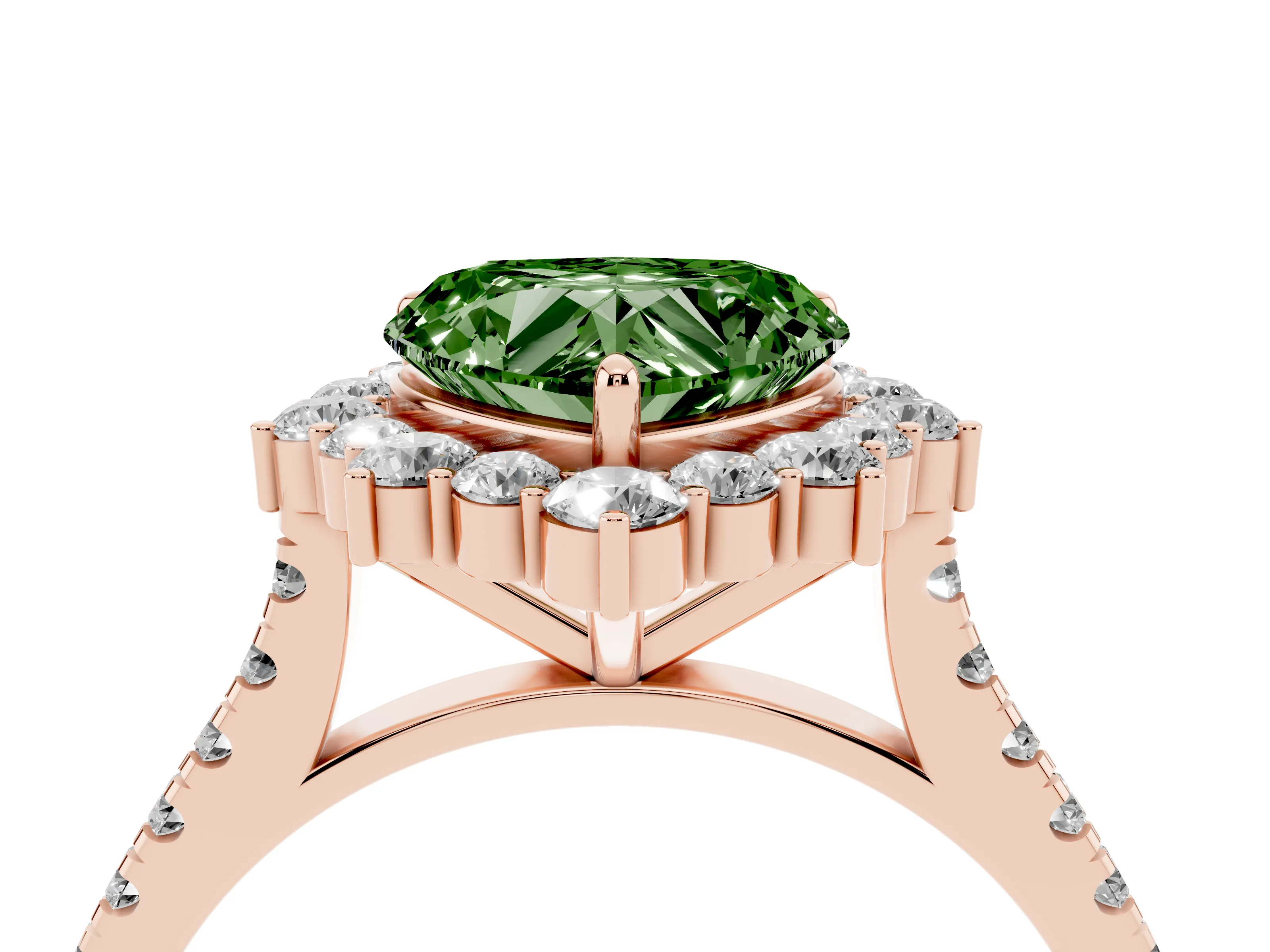 Fancy Green Heart Cut Diamond Halo Ring Set in Rose gold with Pavé Band and Prong Setting