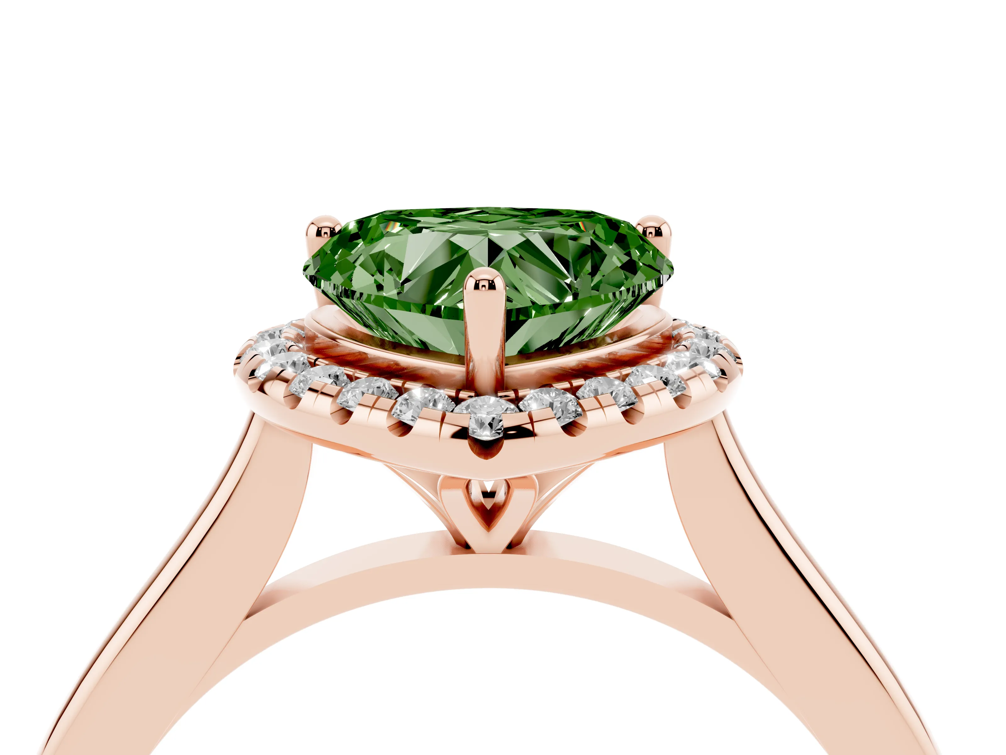 Fancy Green Heart Cut Diamond Halo Engagement Ring Set in Rose gold with Pavé Band and Rising Shoulders