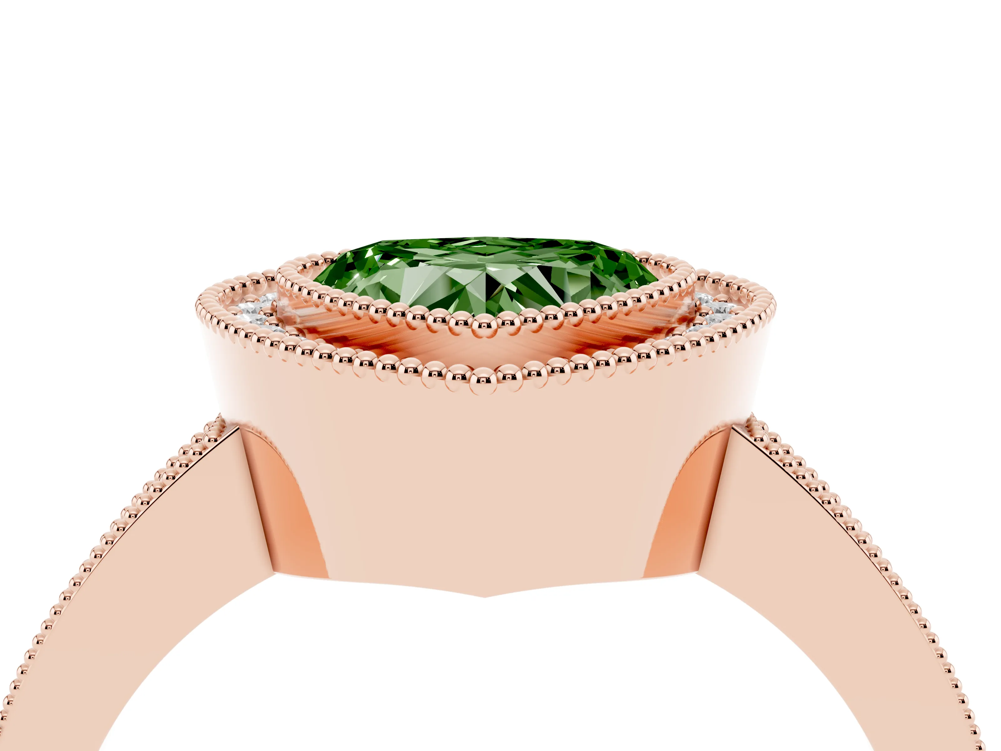 Fancy Green Heart Cut Diamond Halo Engagement Ring Set in Rose gold with Pavé Band and Round Halo Stones