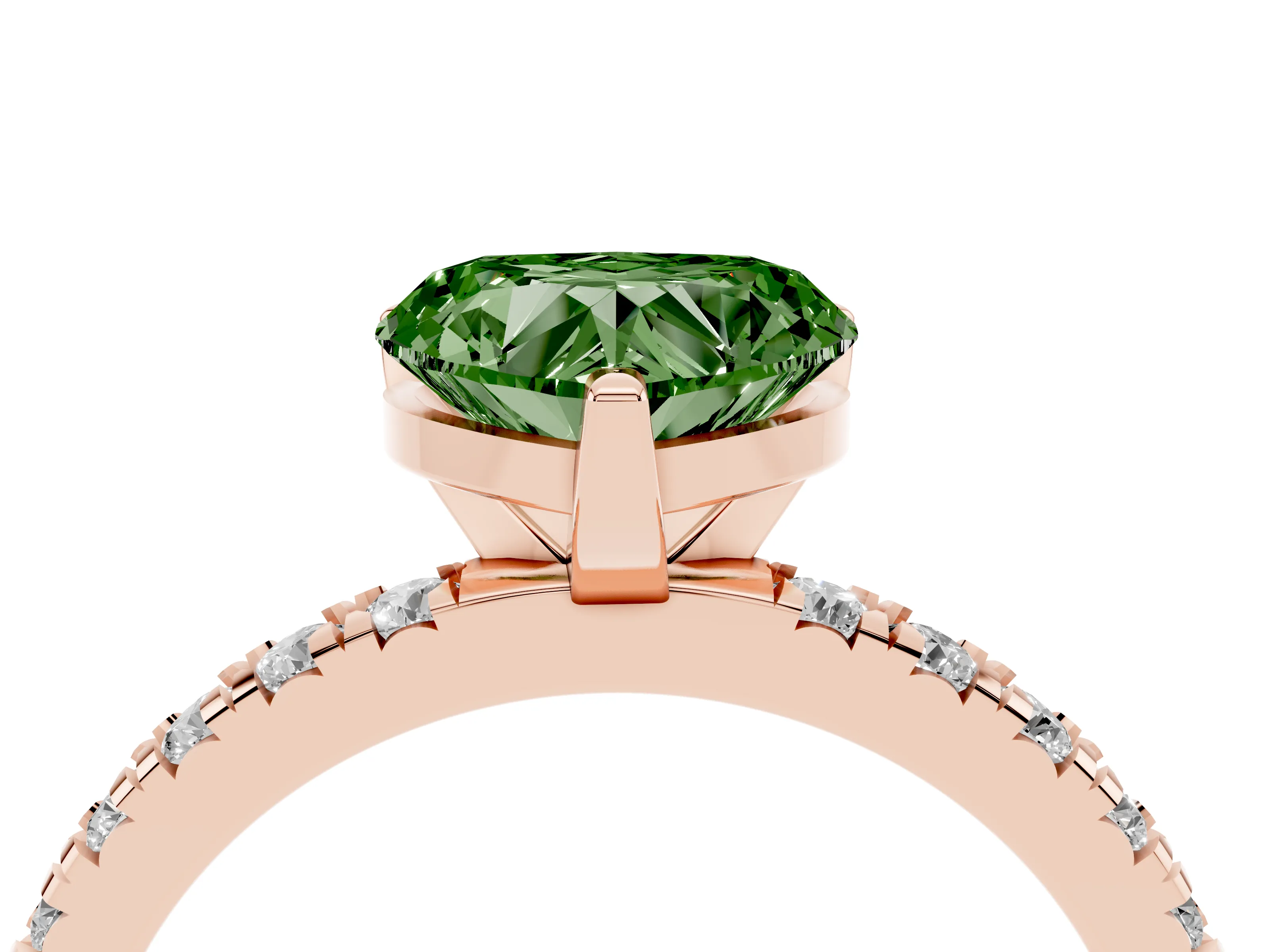 Fancy Green Heart Cut Diamond Pavé Band Solitaire Set in Rose gold with Prong Setting