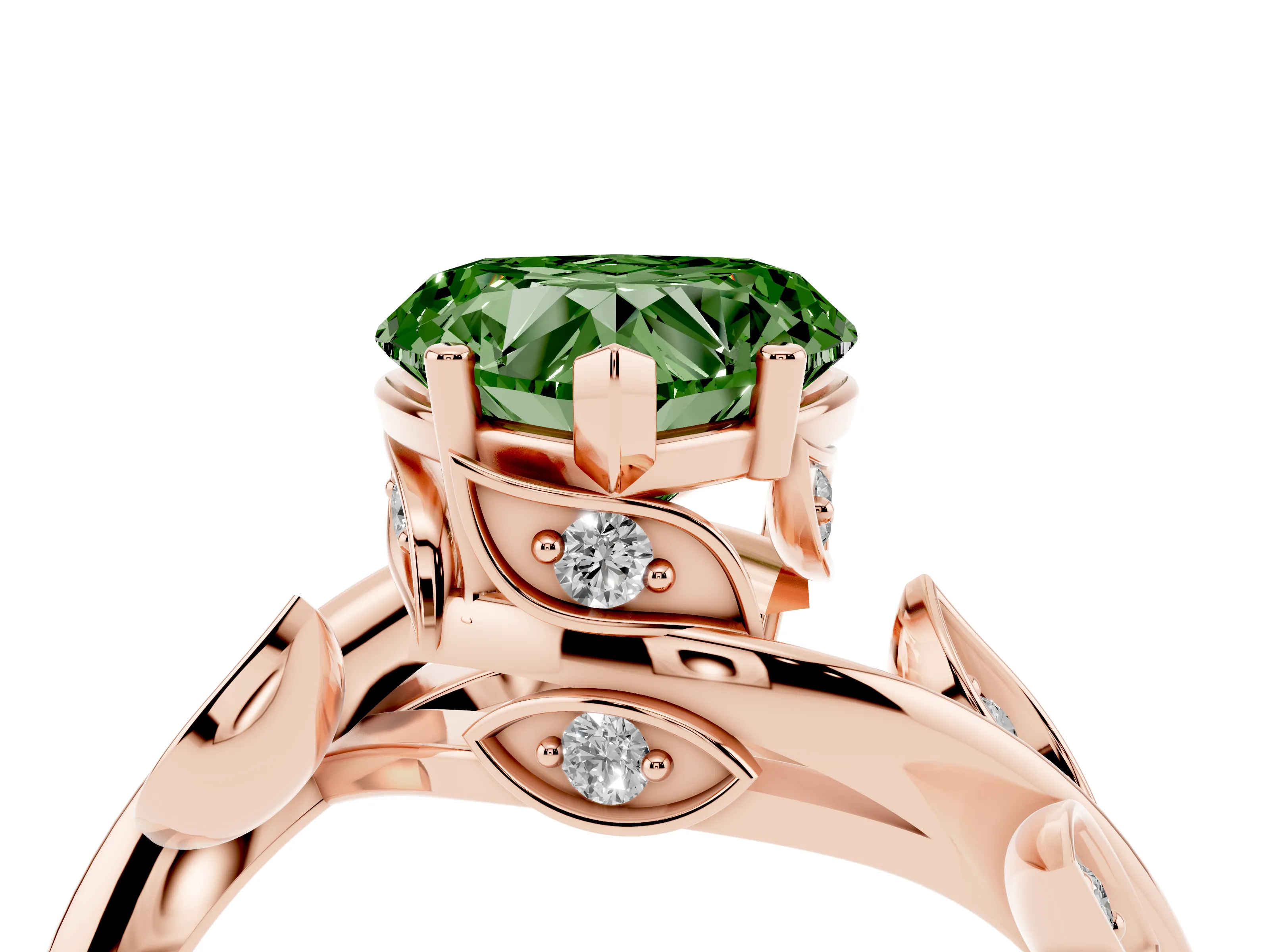 Fancy Green Heart Cut Diamond Solitaire Twist Engagement Ring Set in Rose gold with Pavé Leaf Accents