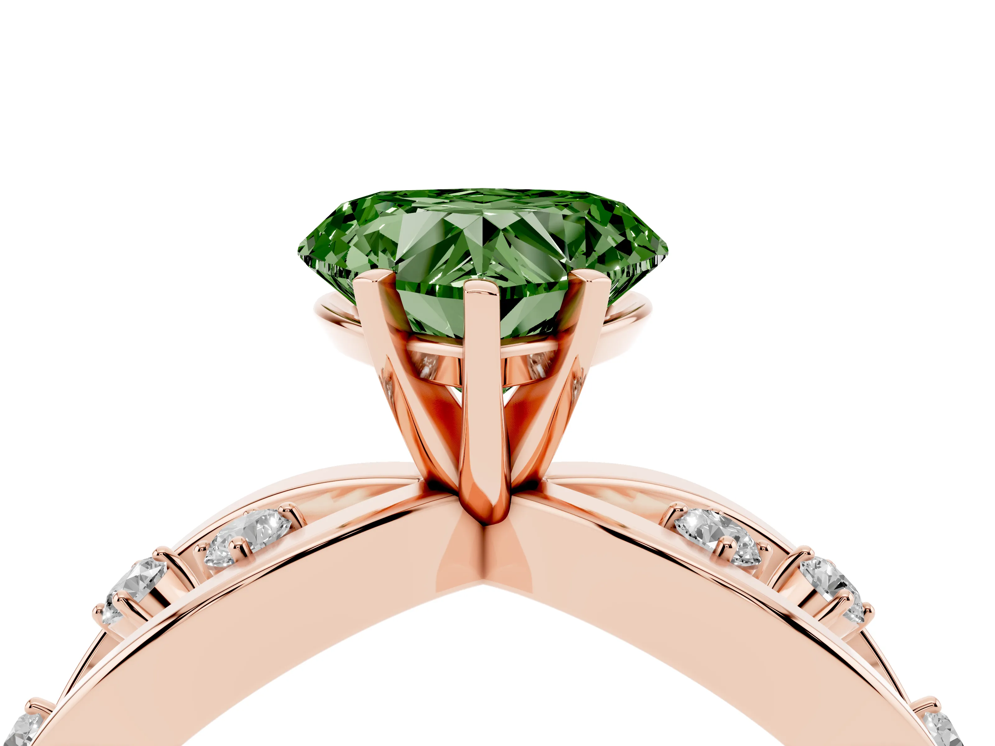 Fancy Green Heart Cut Diamond Solitaire Ring Set in Rose gold with Side Stones on Criss-Cross Band and Prong Setting