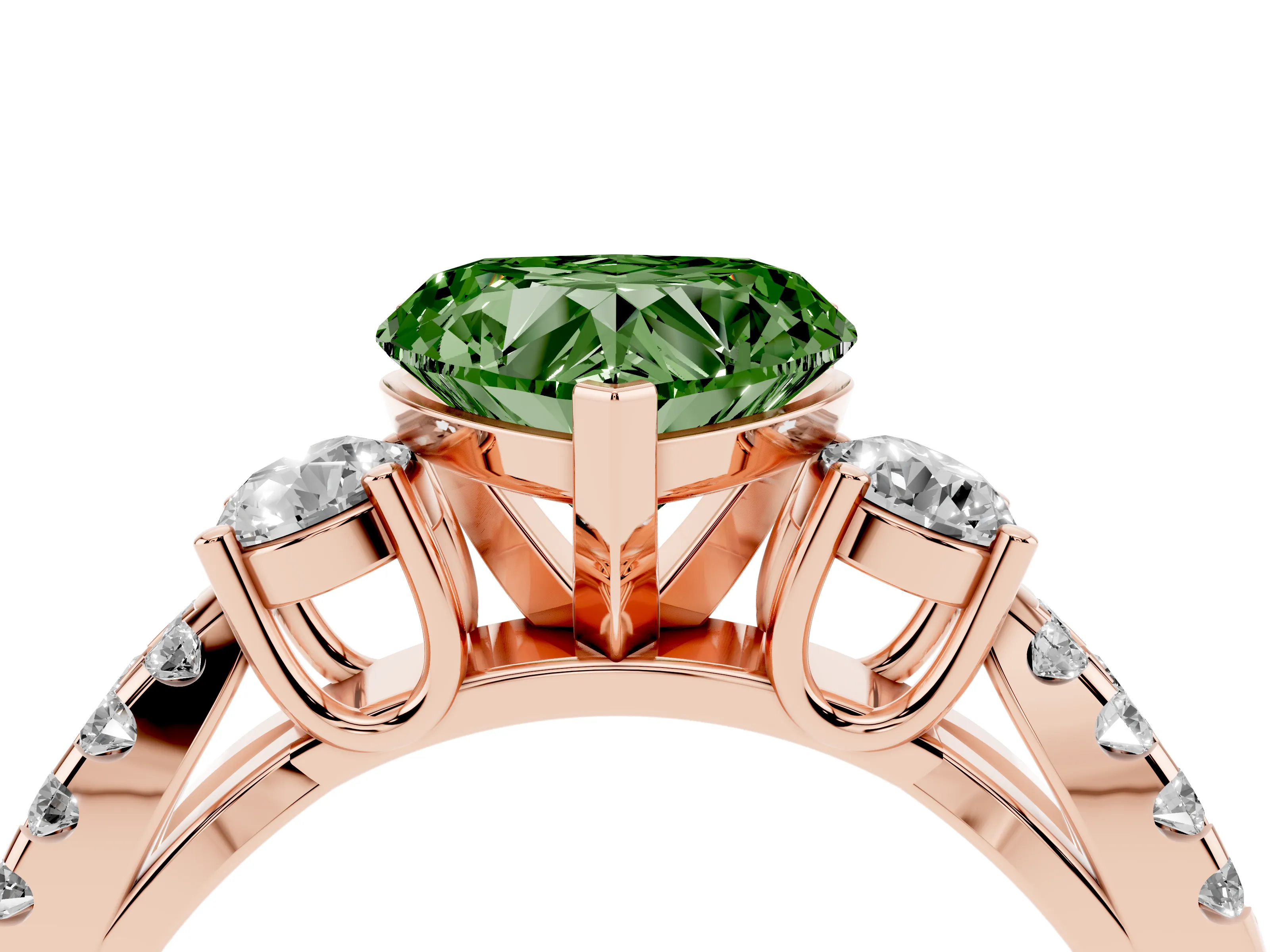Fancy Green Heart Cut Diamond Three-Stone Ring Set in Rose gold with Pavé Split Shank and Prong Setting