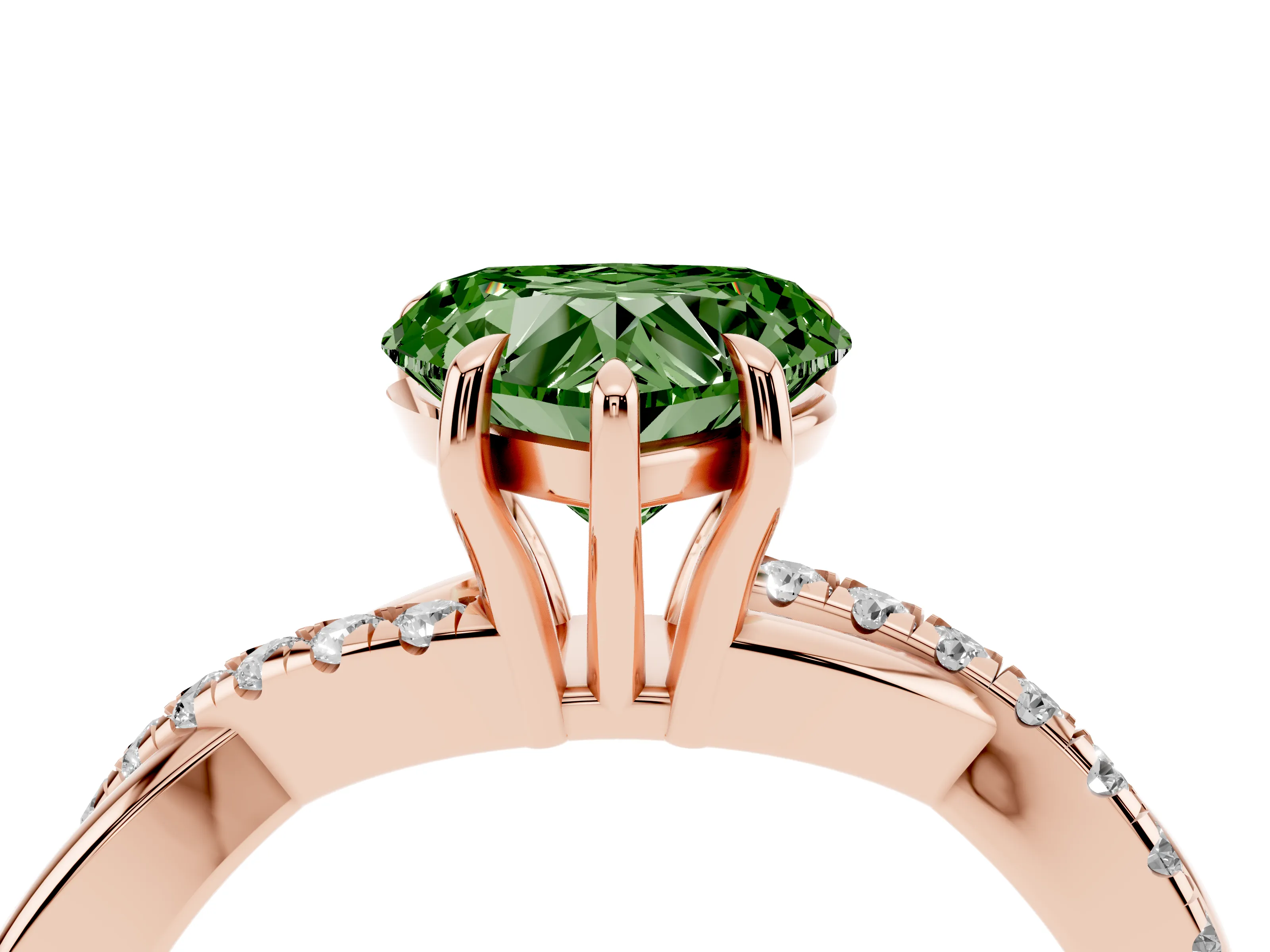 Fancy Green Heart Cut Diamond Twisted Pavé Band Ring Set in Rose gold with Prong Setting