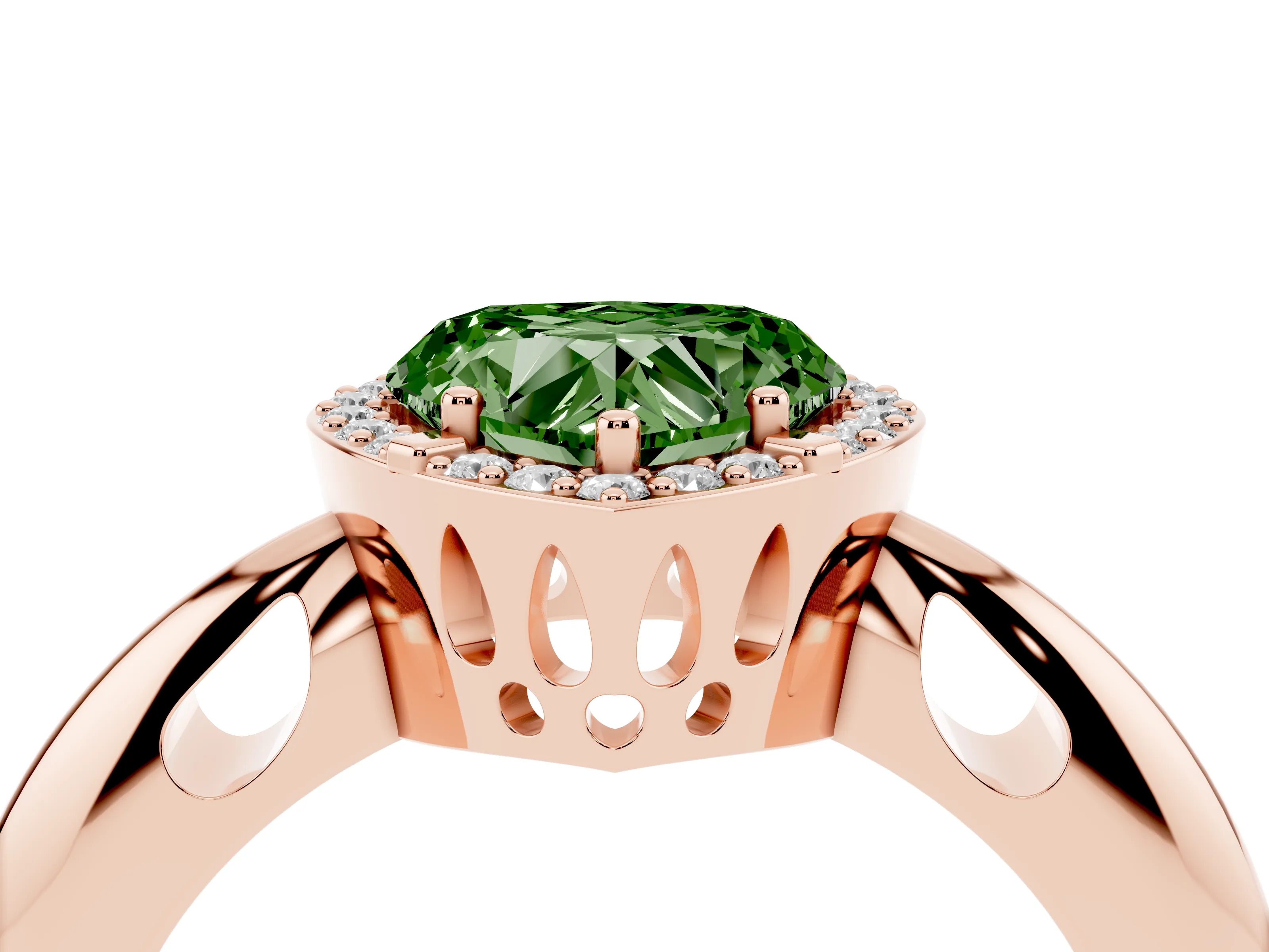 Fancy Green Heart Cut Diamond Halo Engagement Ring Set in Rose gold with Plain Split Shank and Prong Setting