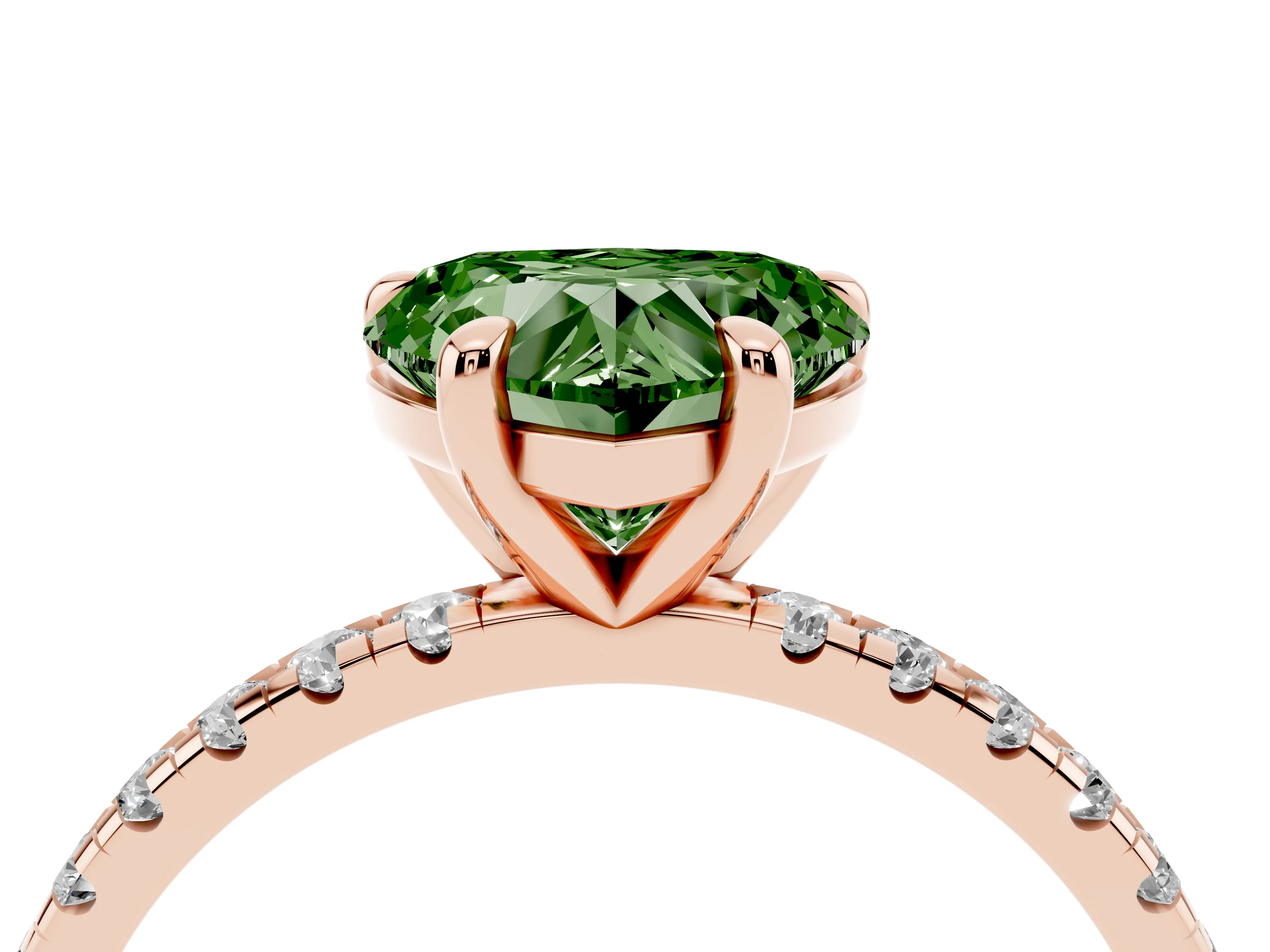 Fancy Green Heart Cut Diamond Brilliant Solitaire Ring Set in Rose gold with Pavé Band and Prong Setting