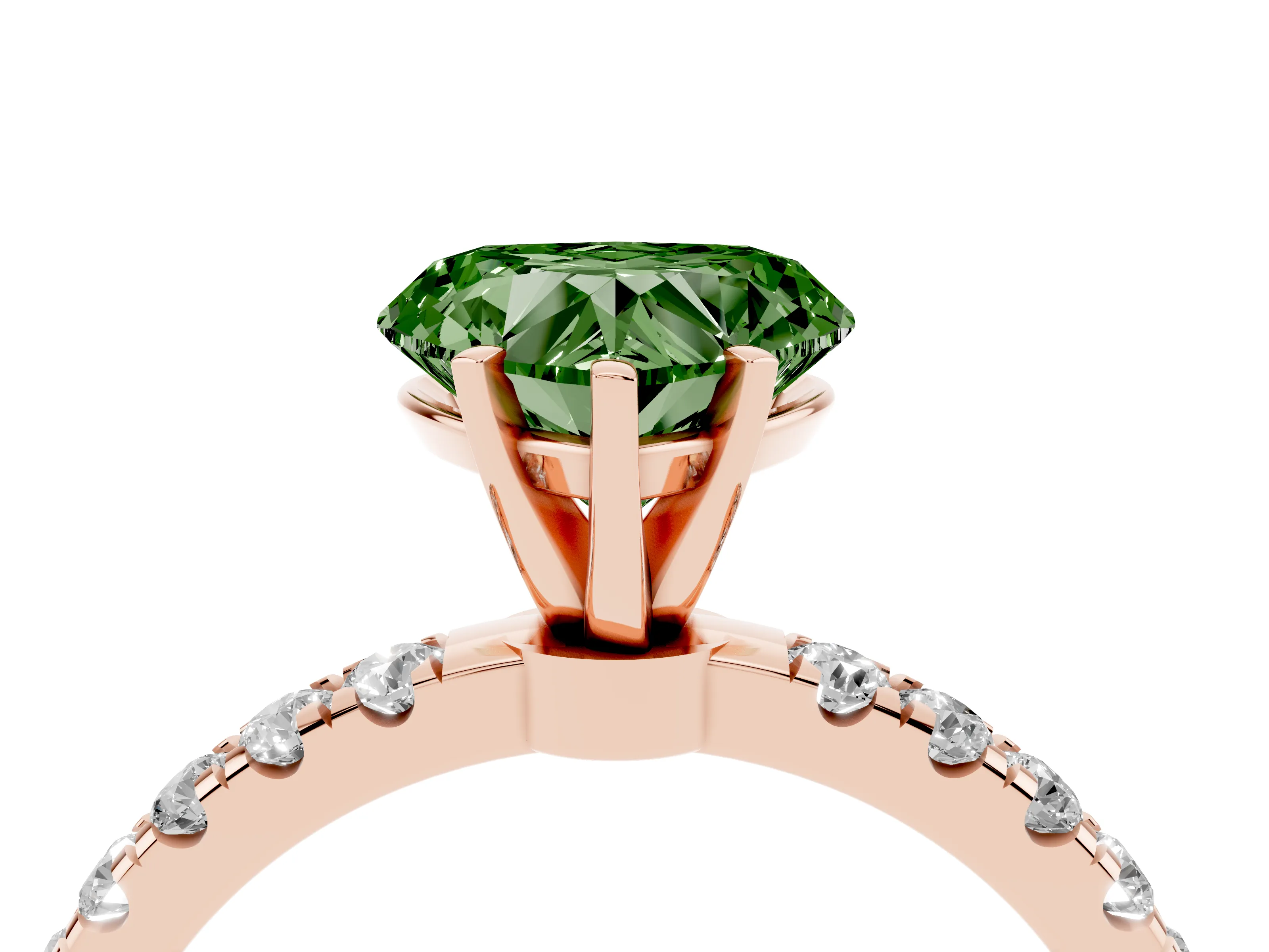 Fancy Green Heart Cut Diamond Solitaire Ring Set in Rose gold with Pavé Accents and Prong Setting