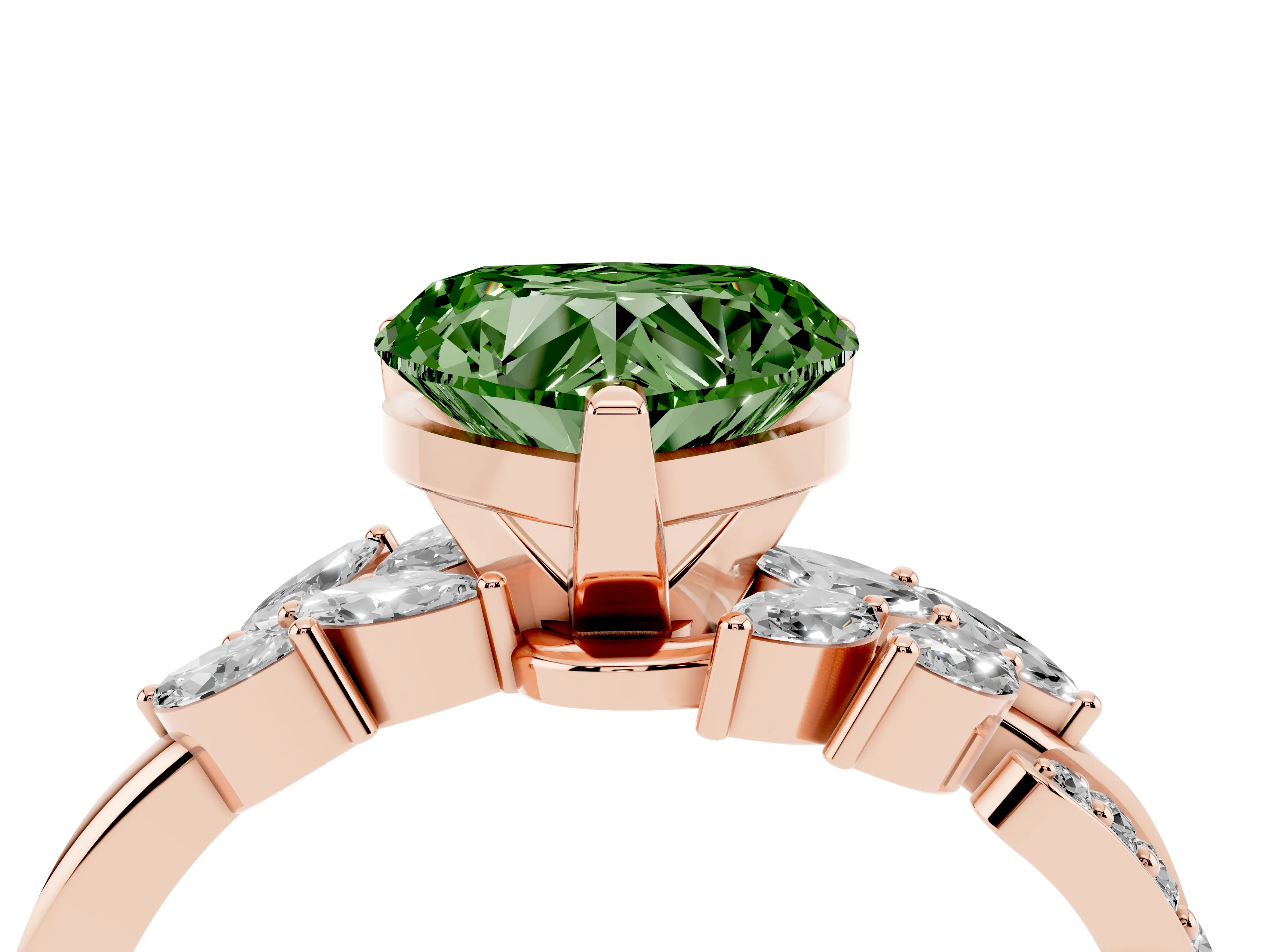 Fancy Green Heart Cut Diamond Solitaire Ring Set in Rose gold with Marquise Twist Band and Prong Setting