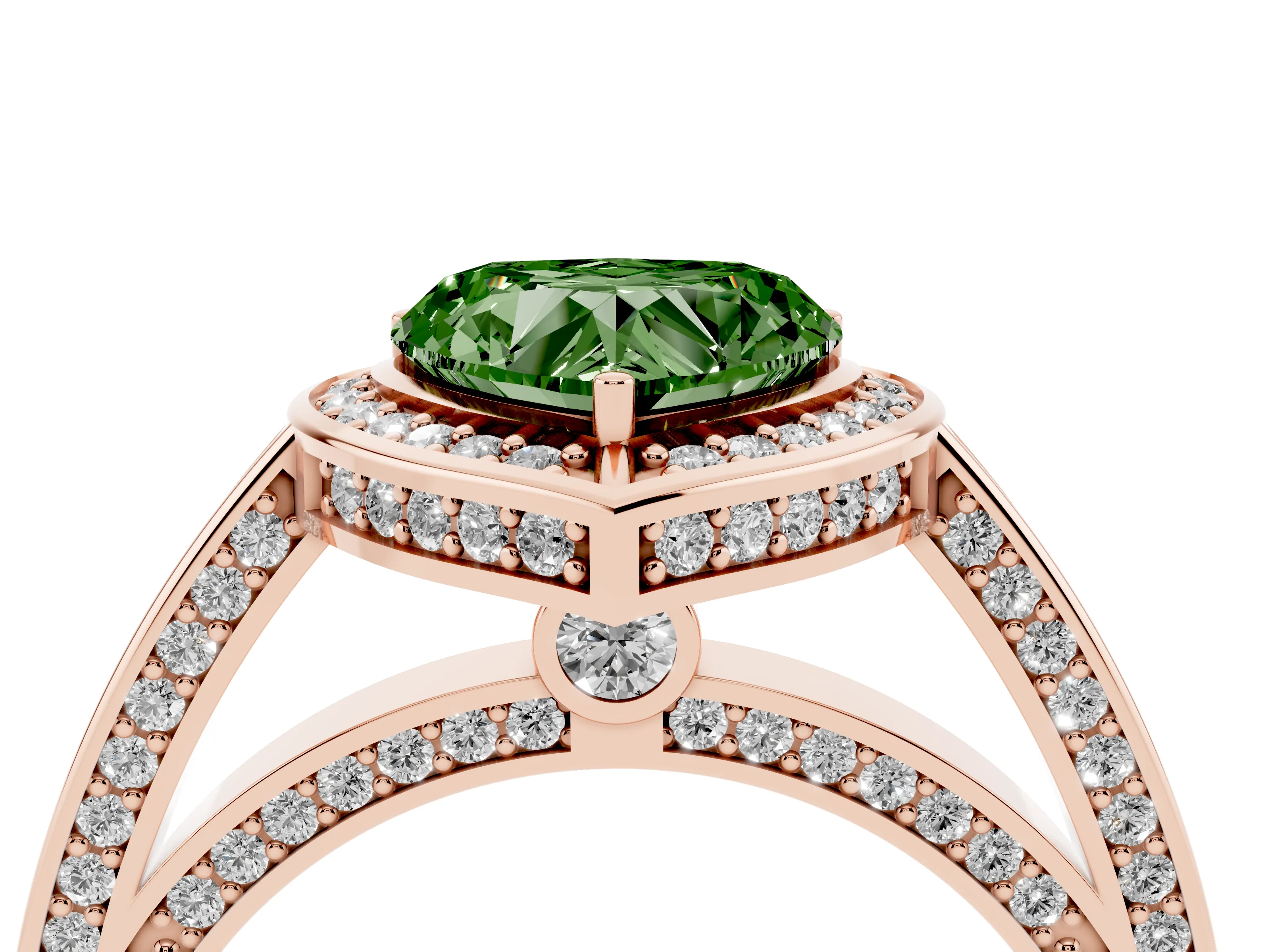 Fancy Green Heart Cut Diamond Halo Pavé Split Shank Ring Set in Rose gold with Prong Setting