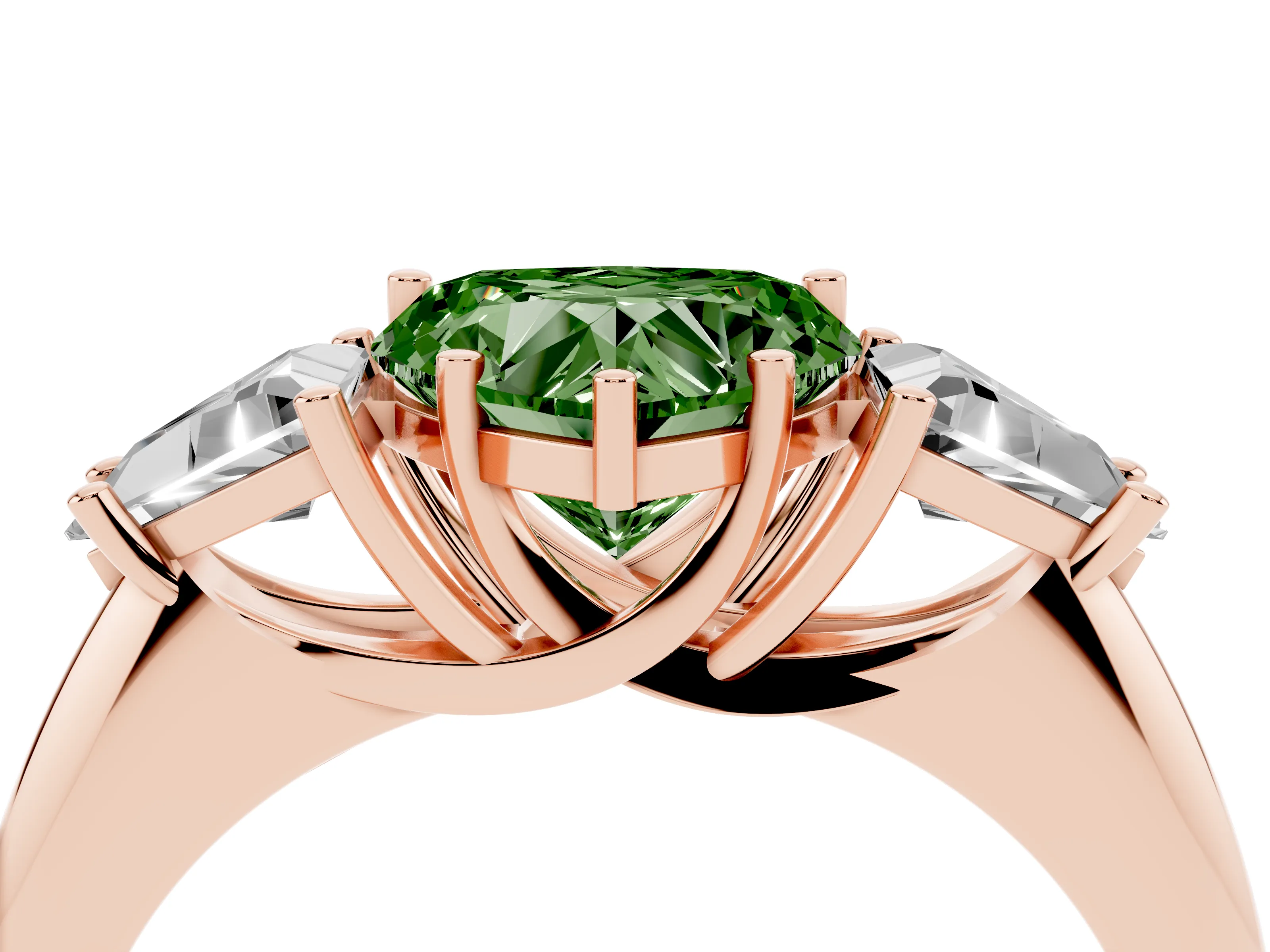 Fancy Green Heart Cut Diamond Three-Stone Engagement Ring Set in Rose gold with Trillion Side Stones