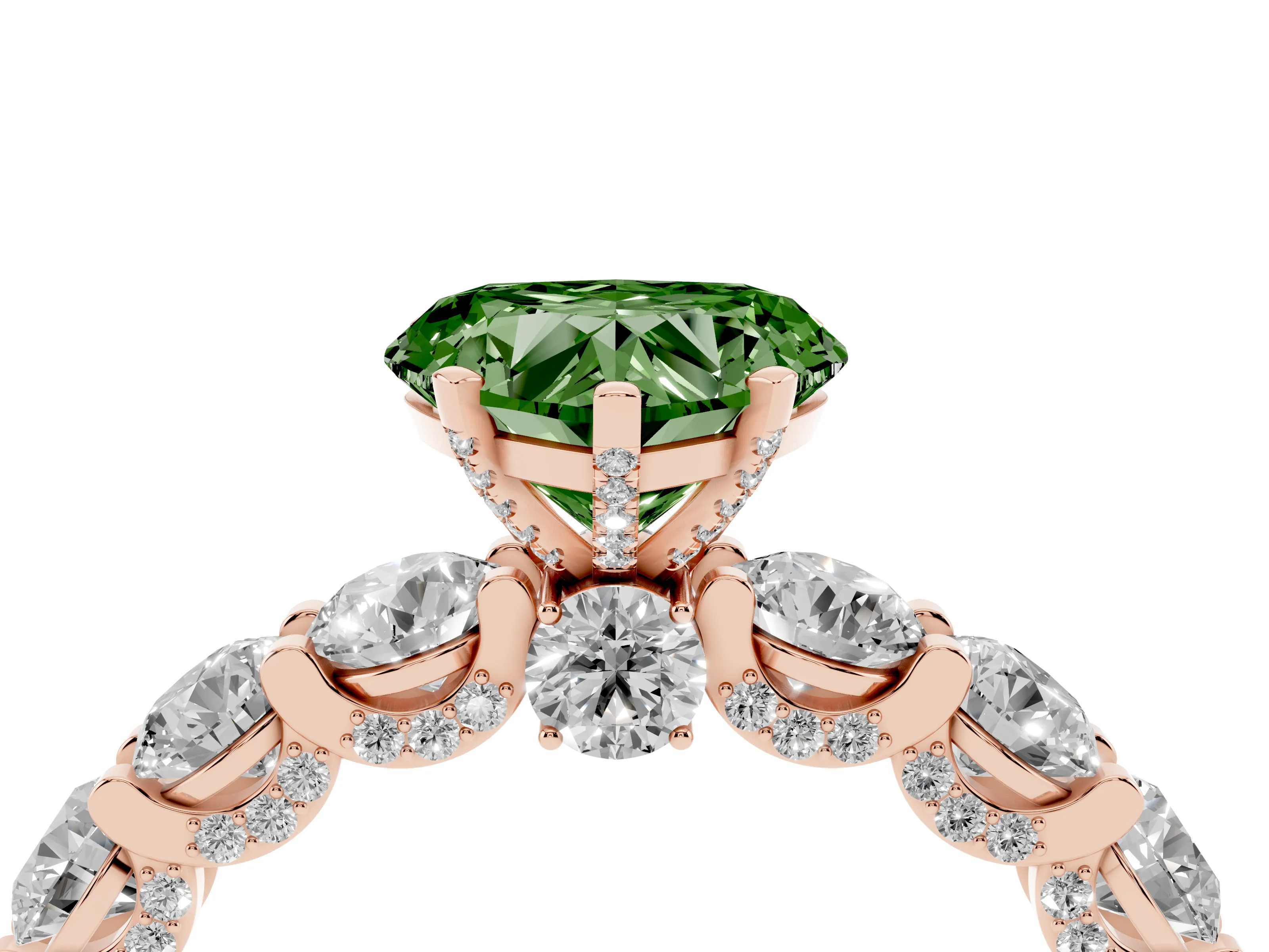 Fancy Green Heart Cut Diamond Side Stone Ring Set in Rose gold with Alternating Round and Oval Side Stones