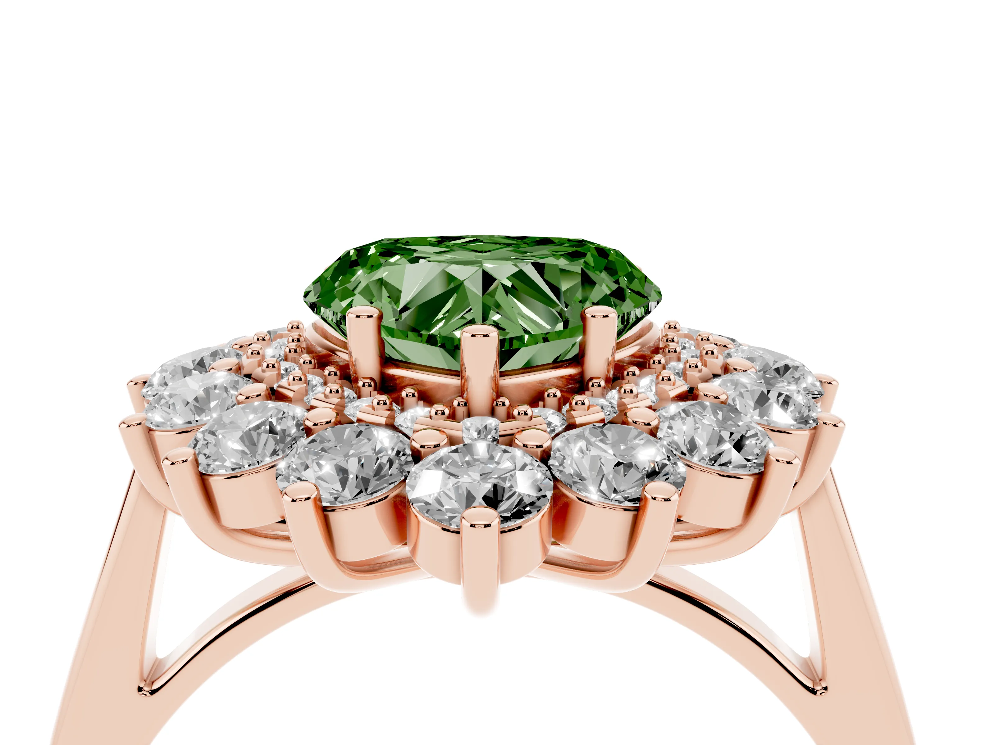 Fancy Green Heart Cut Diamond Floral Double Halo Ring Set in Rose gold with Round Petals