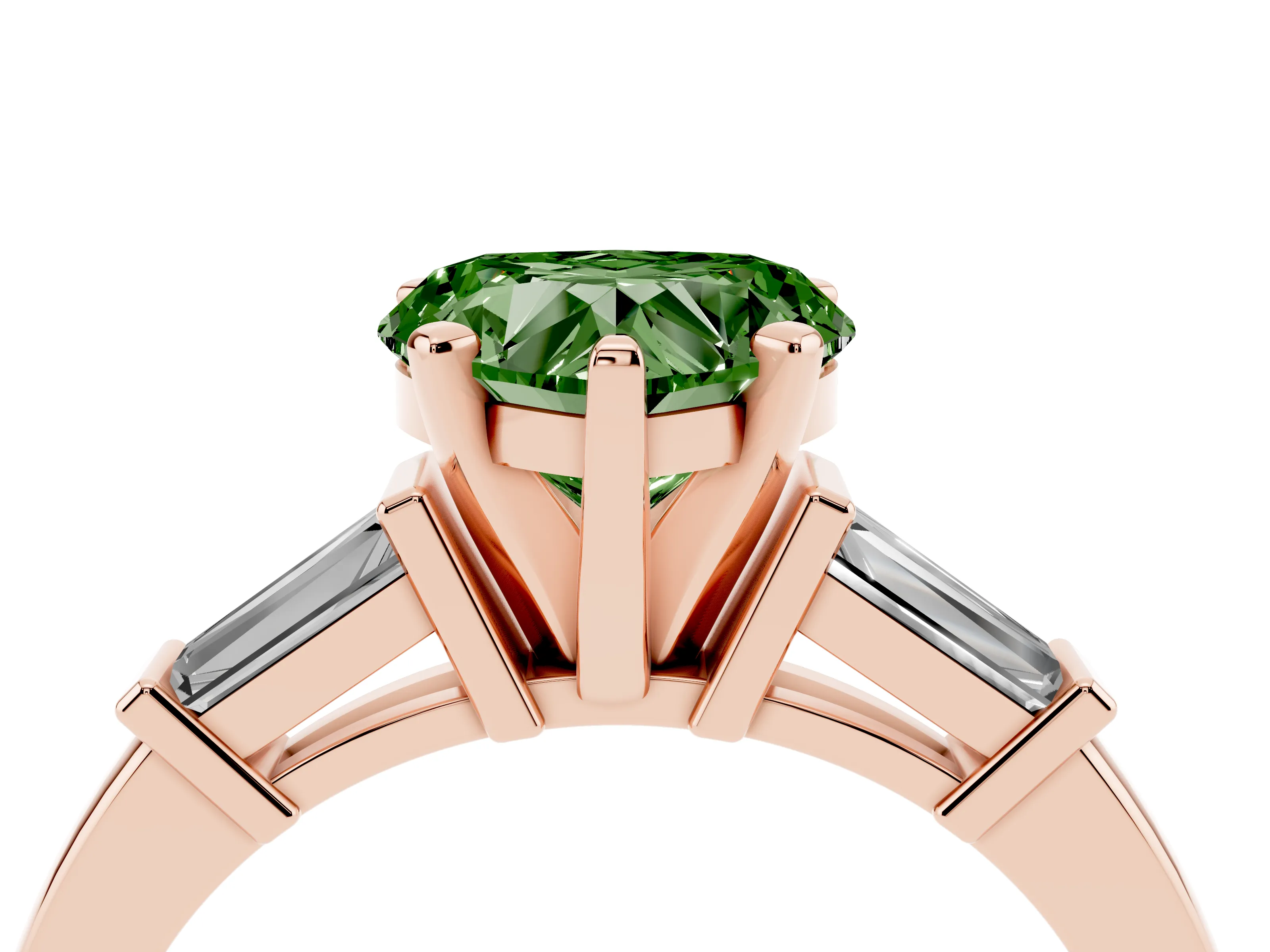 Fancy Green Heart Cut Diamond Solitaire Ring Set in Rose gold with Tapered Baguette Accents and Prong Setting