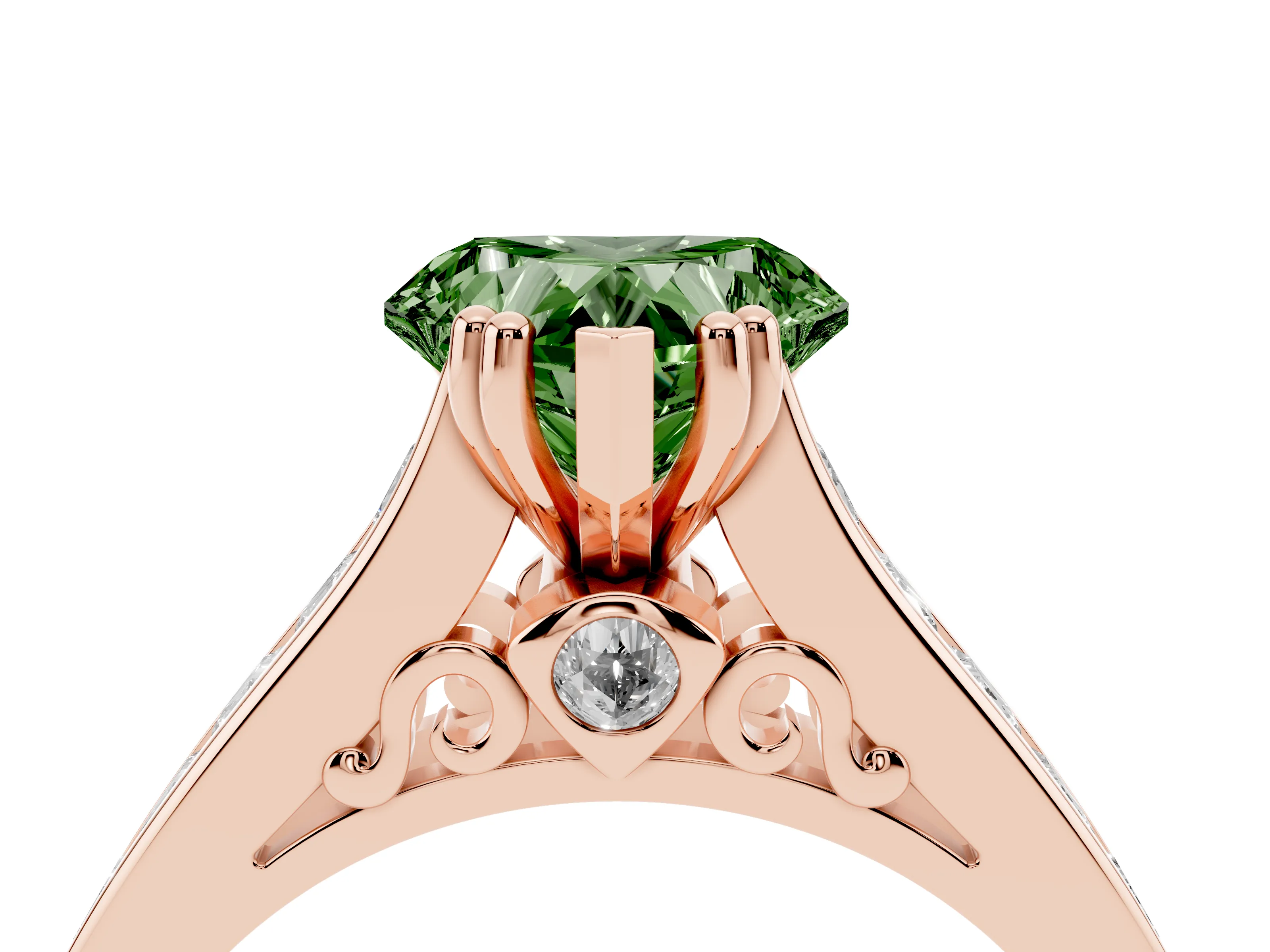 Fancy Green Heart Cut Diamond Channel Set Solitaire Engagement Ring Set in Rose gold with Prong Setting