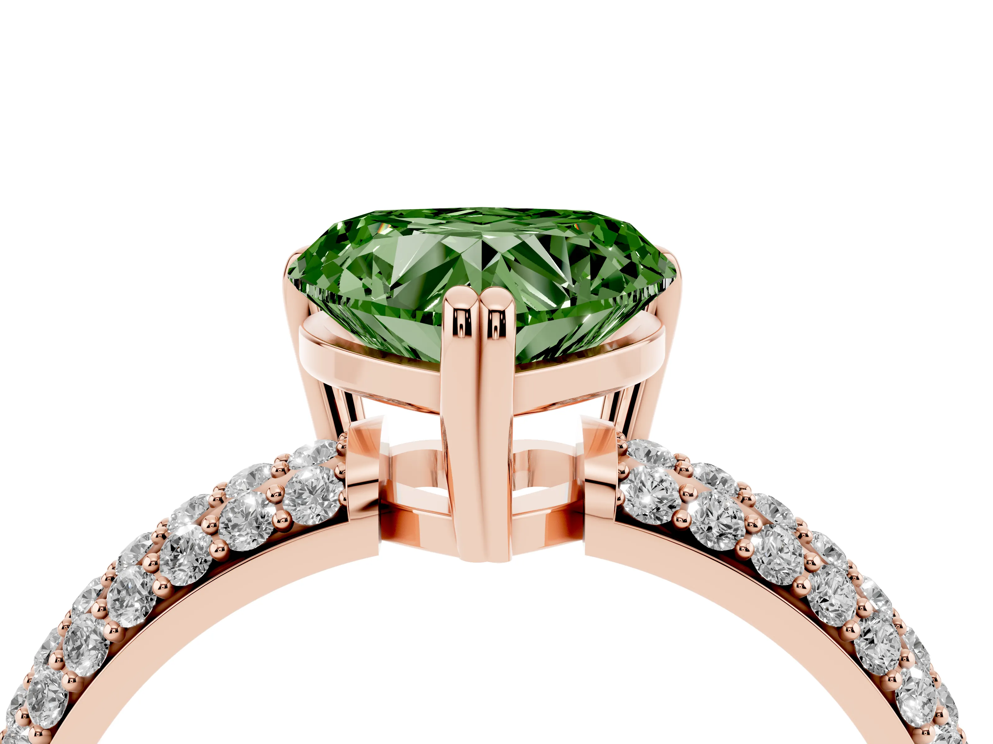 Fancy Green Heart Cut Diamond Solitaire Ring Set in Rose gold with Multi-Row Round Pavé Band and Prong Setting