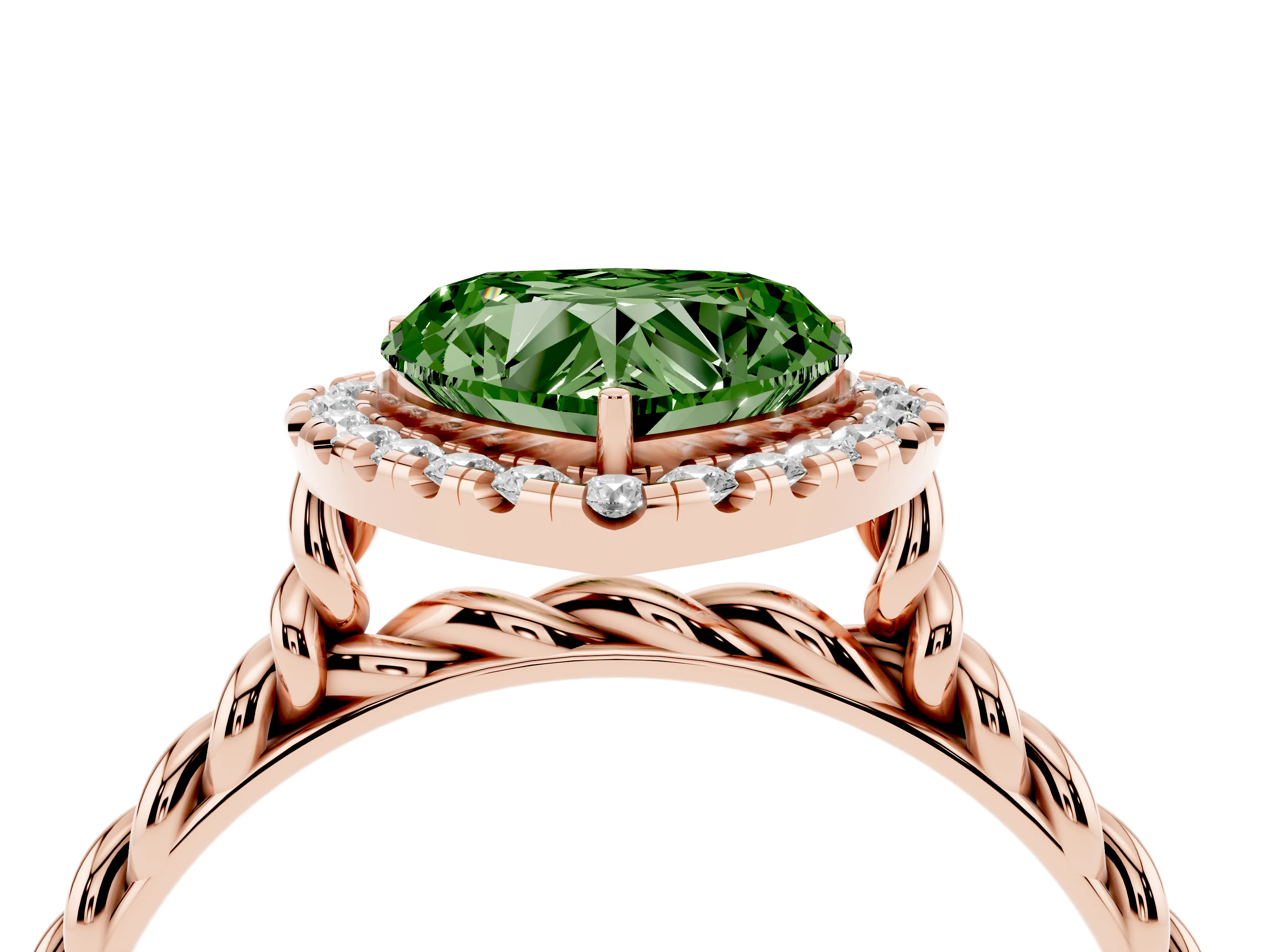 Fancy Green Heart Cut Diamond Halo Ring Set in Rose gold with Plain Twisted Band