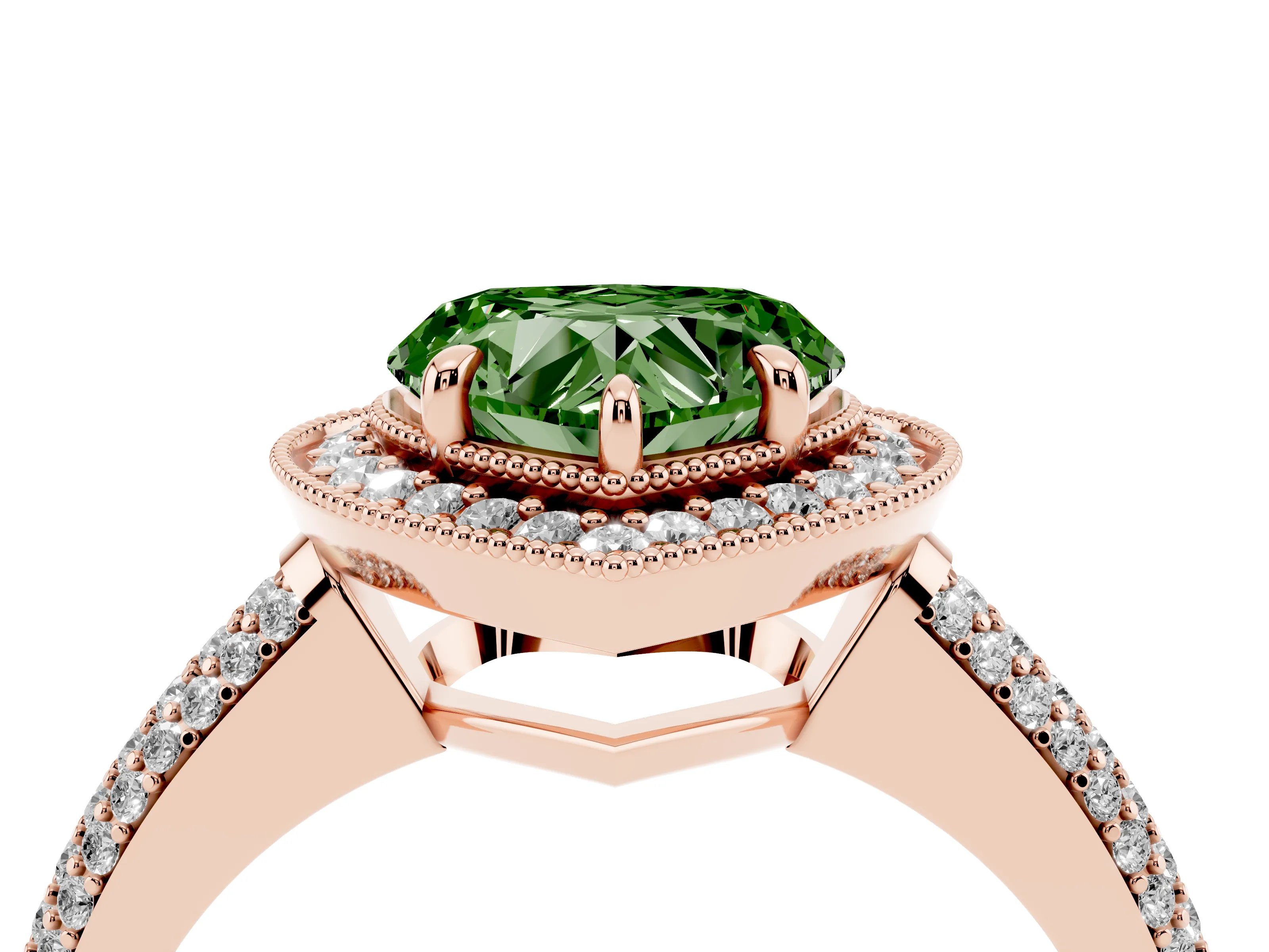 Fancy Green Heart Cut Diamond Halo Pavé Band Set in Rose gold with Prong Setting