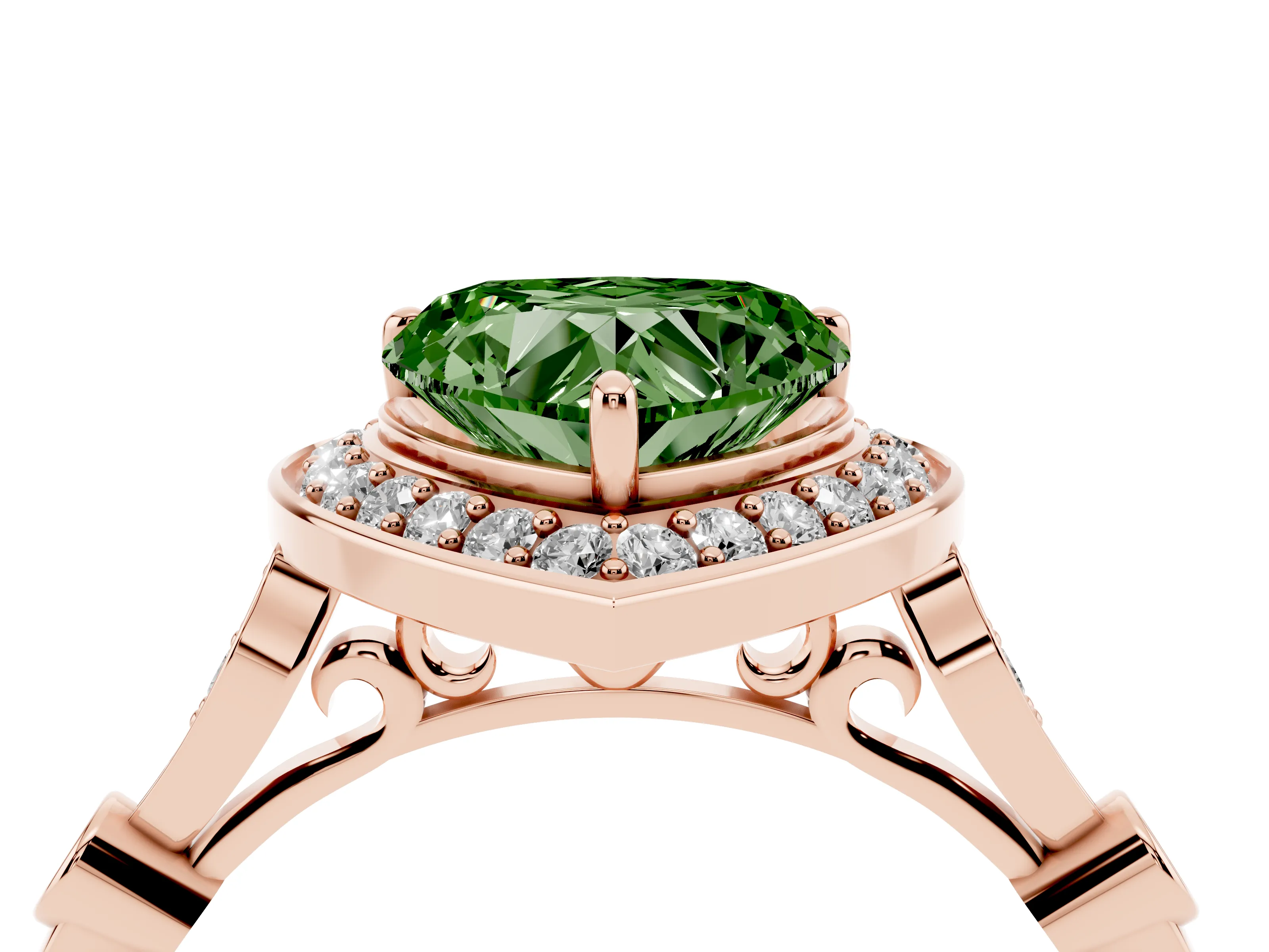 Fancy Green Heart Cut Diamond Halo Engagement Ring Set in Rose gold with Twisted Band and Prong Setting