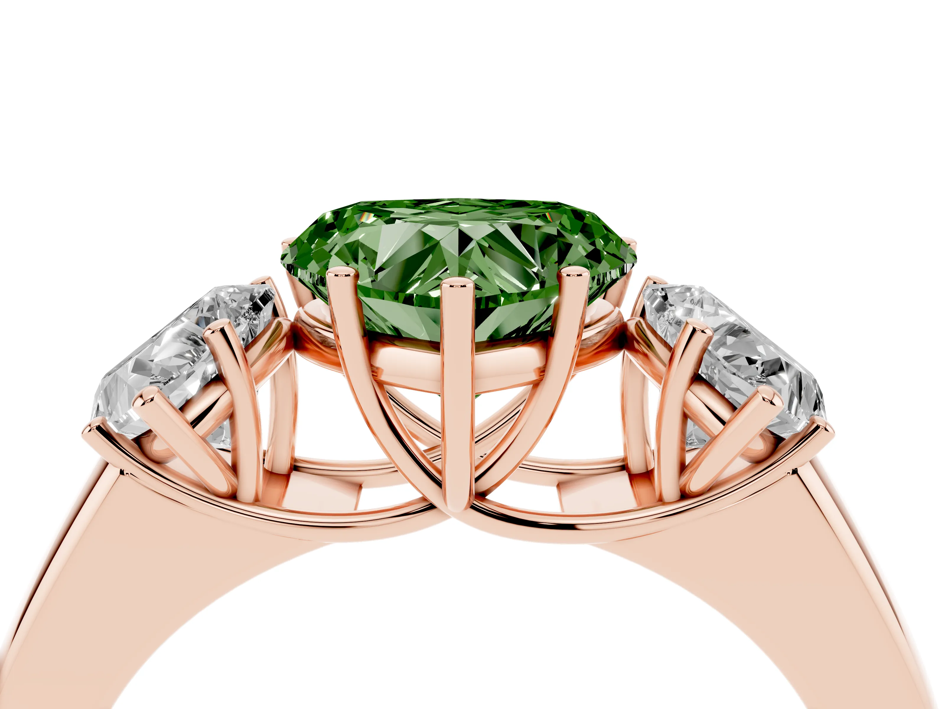 Fancy Green Three-Stone Heart Cut Diamond Ring Set in Rose gold with Matching Prong Settings and Plain Band