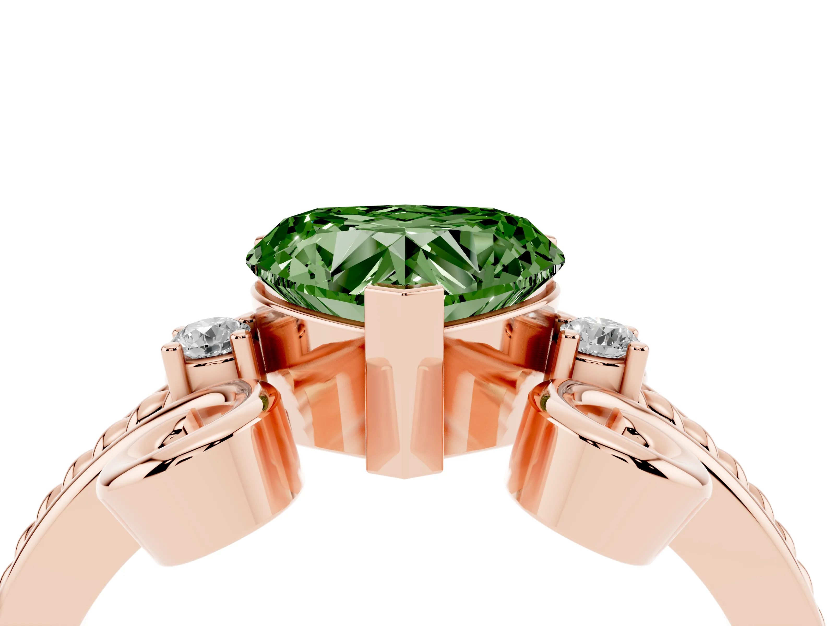 Fancy Green Heart Cut Diamond Twisted Band Solitaire Ring Set in Rose gold with Scroll Prongs