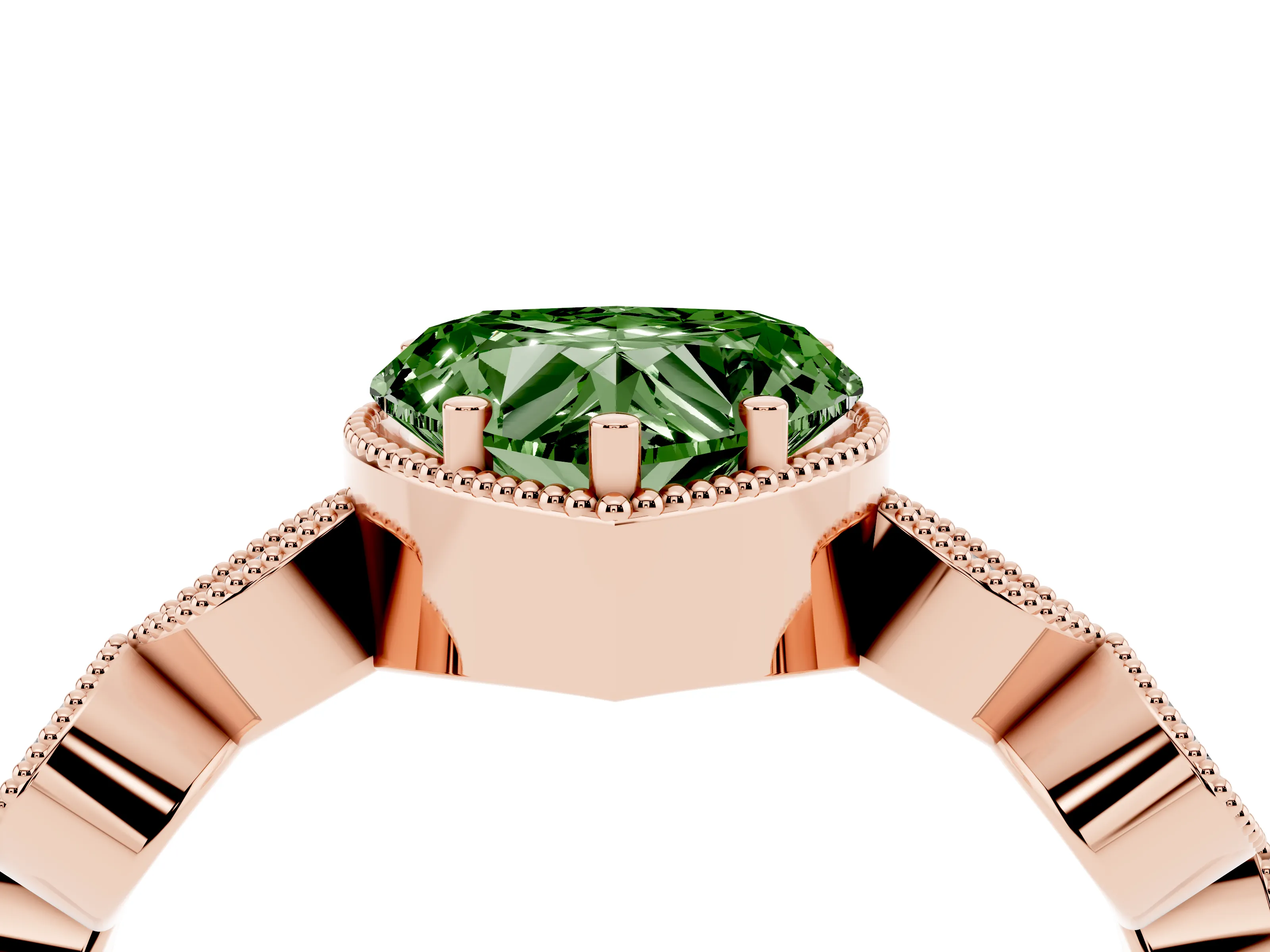 Fancy Green Heart Cut Diamond Vintage-Inspired Milgrain Ring Set in Rose gold with Marquise Stations of Round Accents