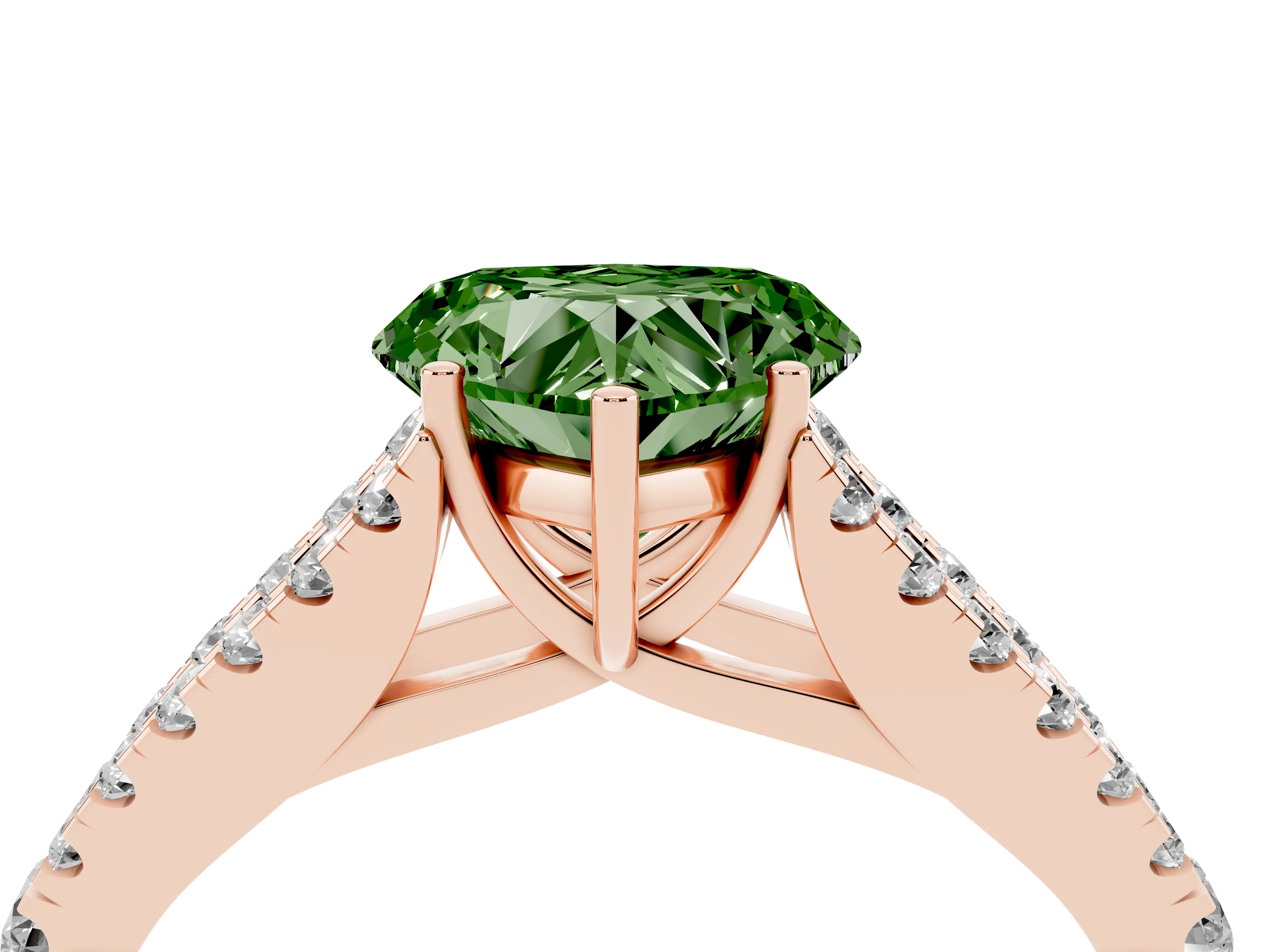 Fancy Green Heart Cut Diamond Split Shank Pavé Engagement Ring Set in Rose gold with Prong-Held Center Stone