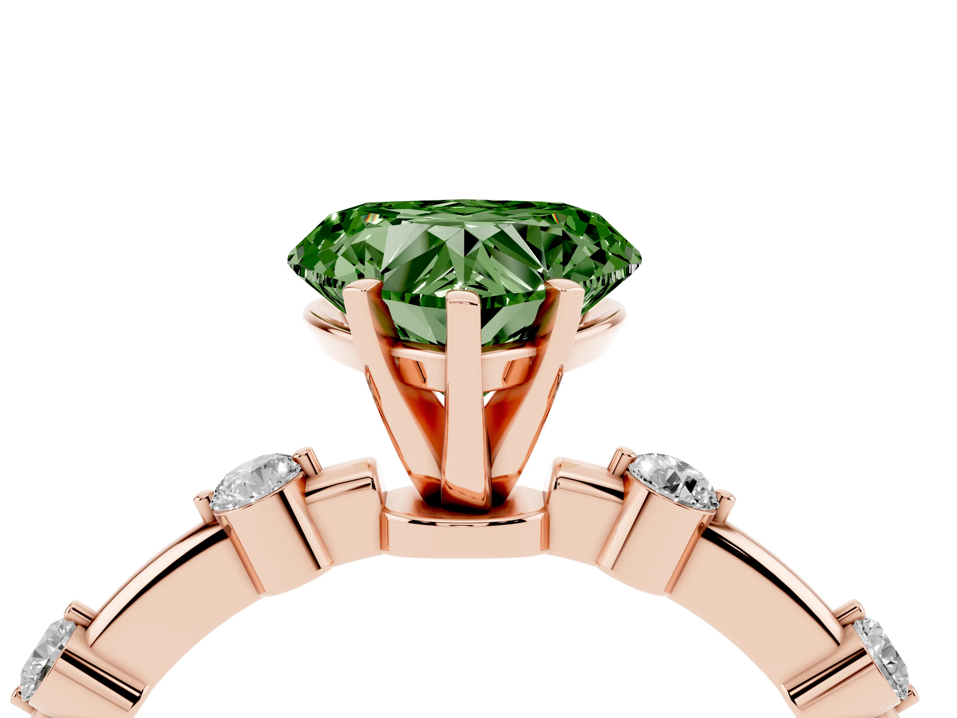 Fancy Green Heart Cut Diamond Solitaire Ring Set in Rose gold with Bezel Set Side Stones and Prong Setting