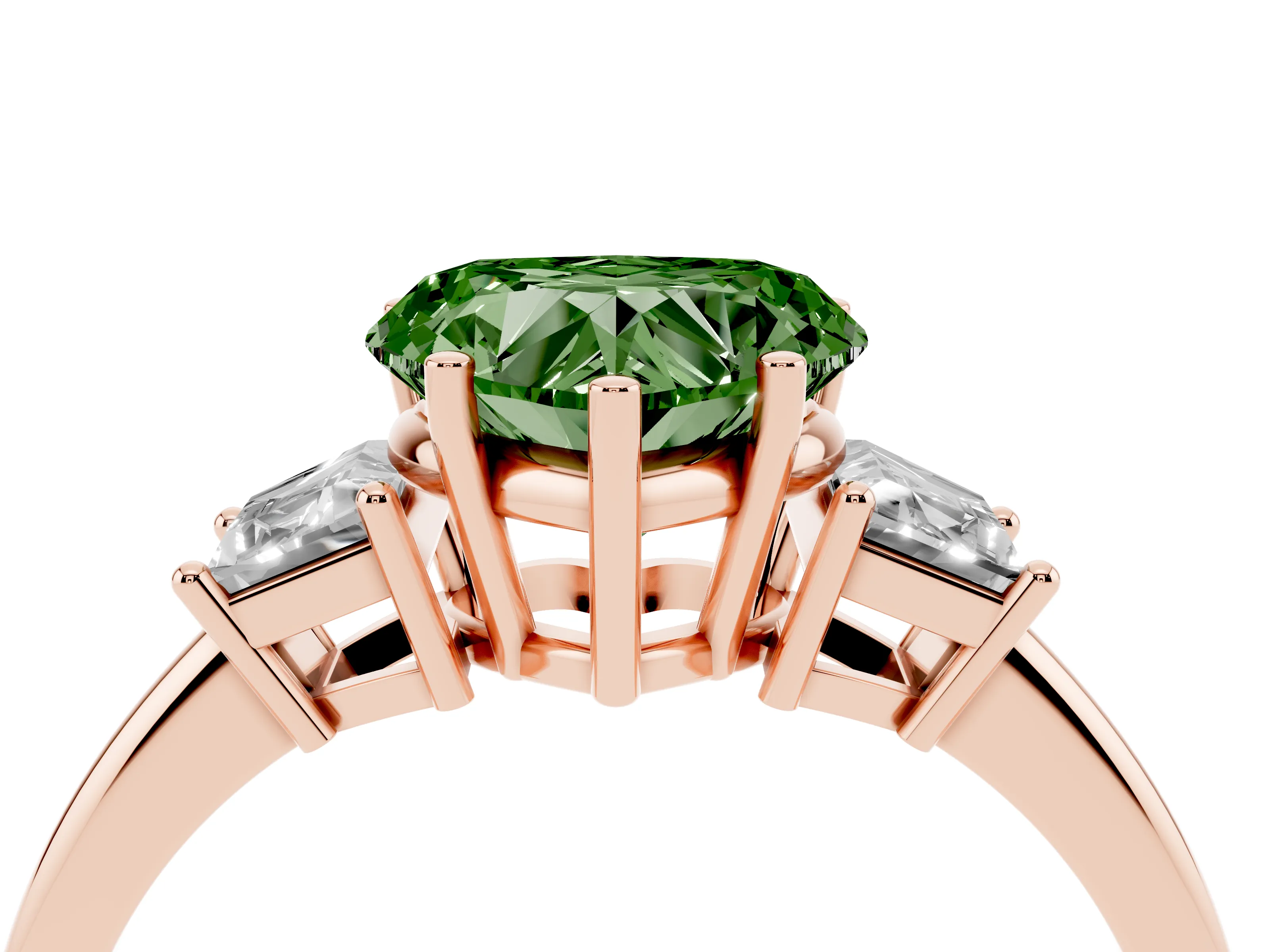 Fancy Green Heart Cut Diamond Three-Stone Ring Set in Rose gold with Trapezoid Side Stones and Prong Setting