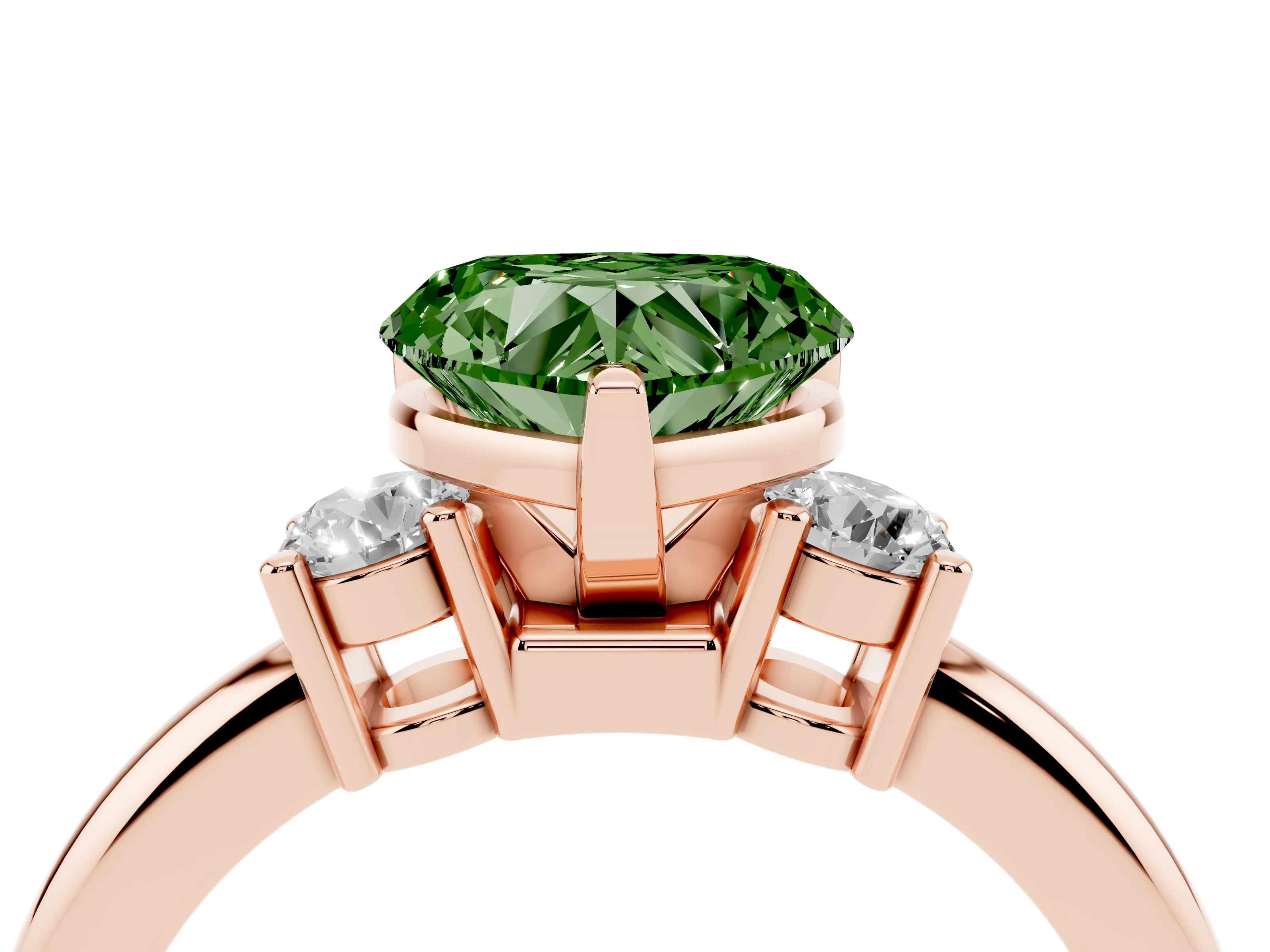 Fancy Green Three-Stone Heart Cut Diamond Ring Set in Rose gold with Prong Setting and Plain Band