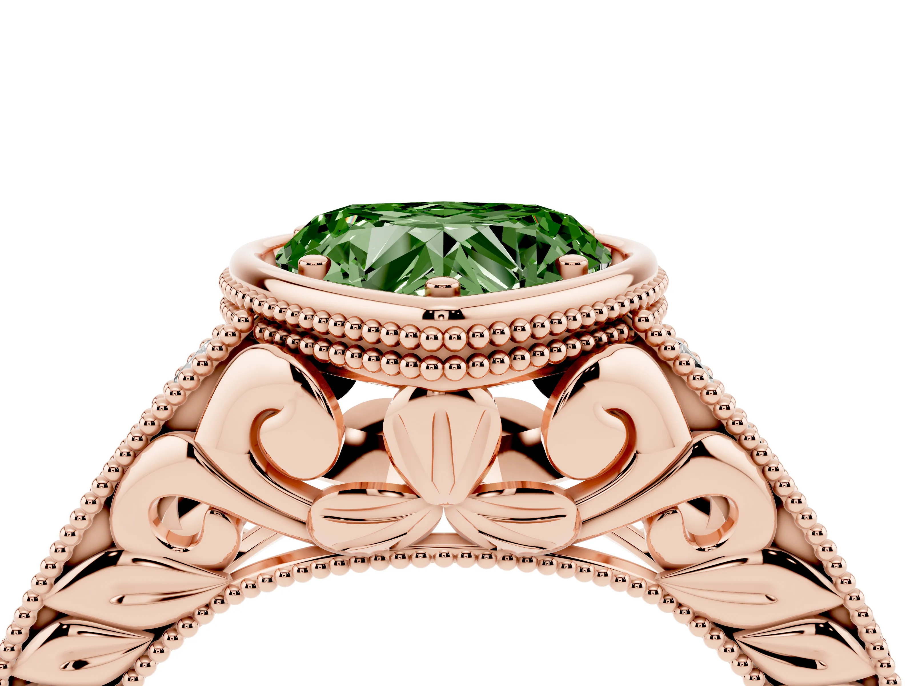 Fancy Green Bezel Set Heart Cut Diamond Milgrain Pavé Engagement Ring Set in Rose gold