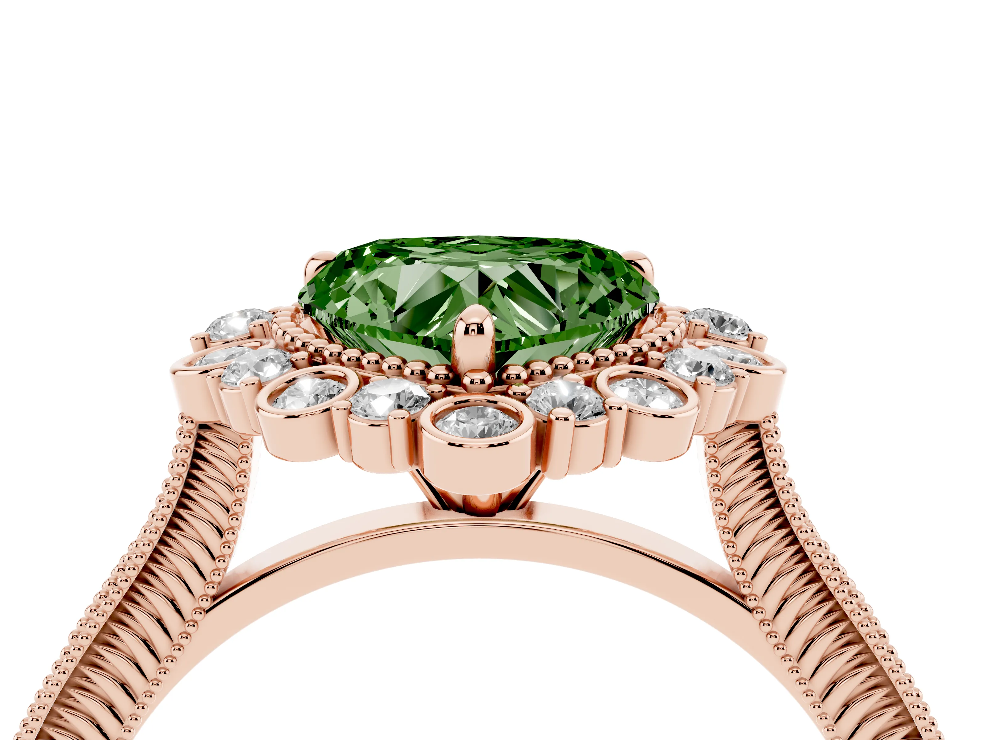 Fancy Green Heart Cut Diamond Halo Milgrain Pavé Ring Set in Rose gold with Prong Setting