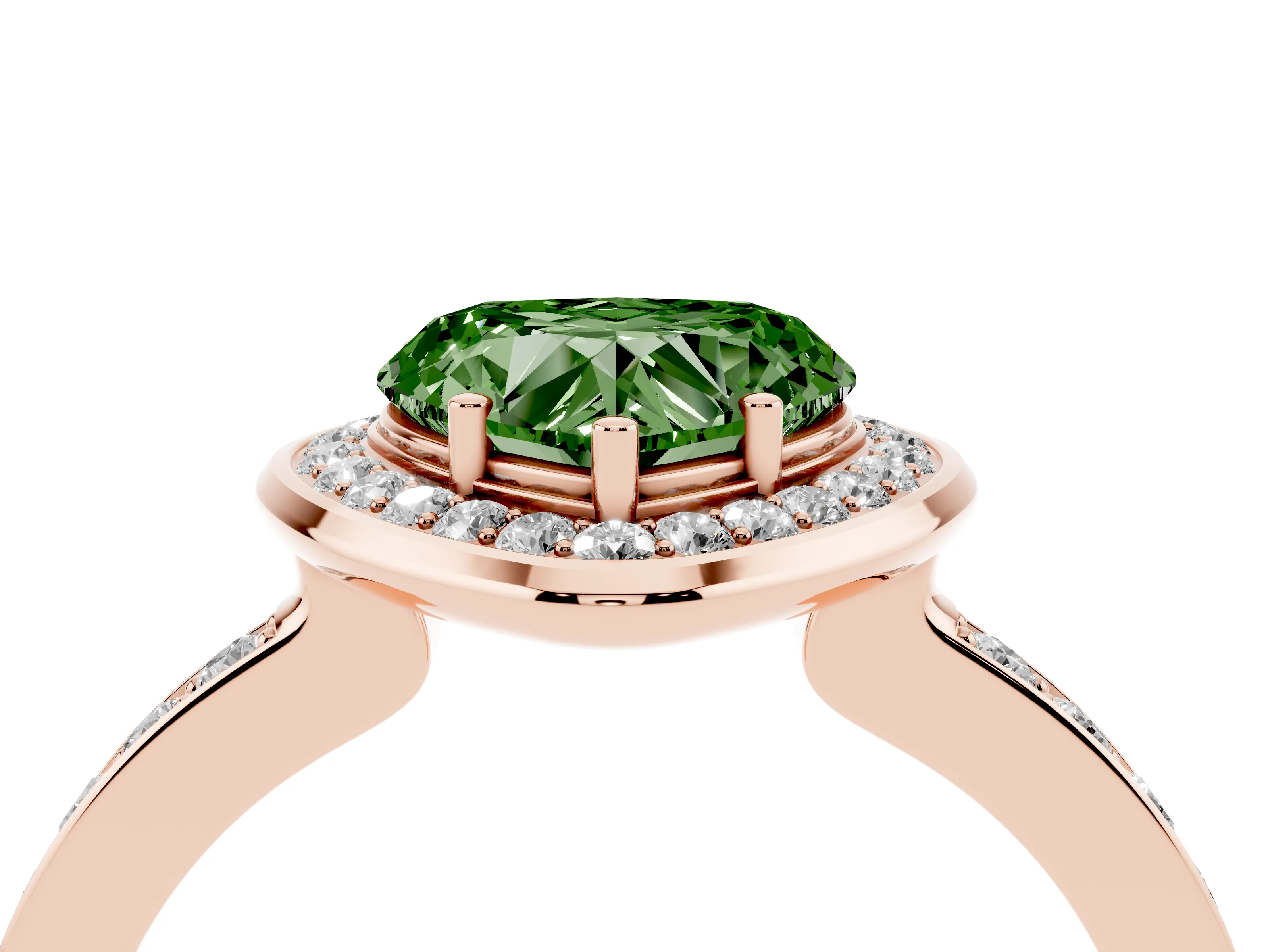 Fancy Green Heart Cut Diamond Halo Ring Set in Rose gold with Bezel Frame and Pavé Band