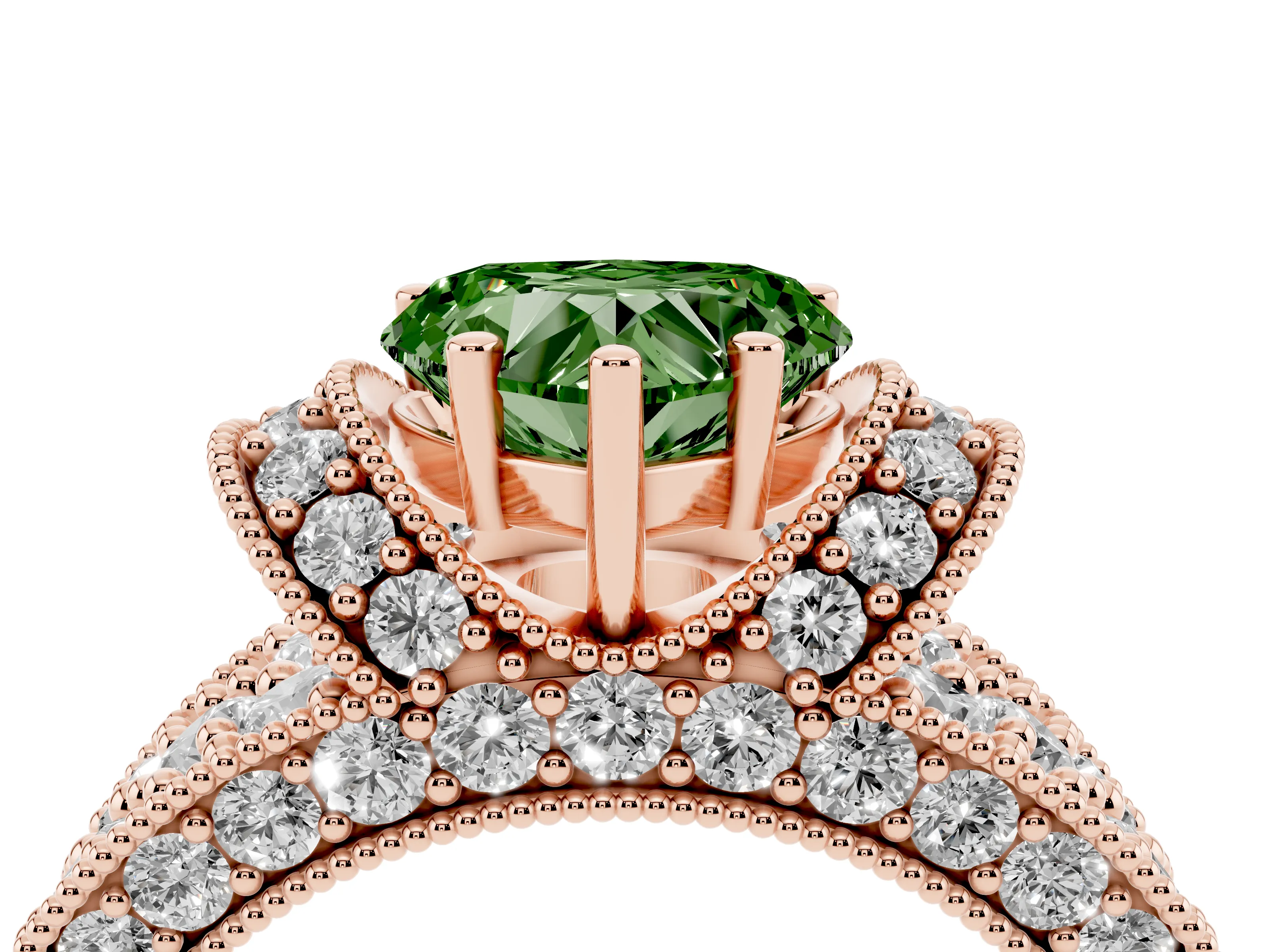 Fancy Green Heart Cut Diamond Milgrain Halo Pavé Engagement Ring Set in Rose gold with Prong Setting