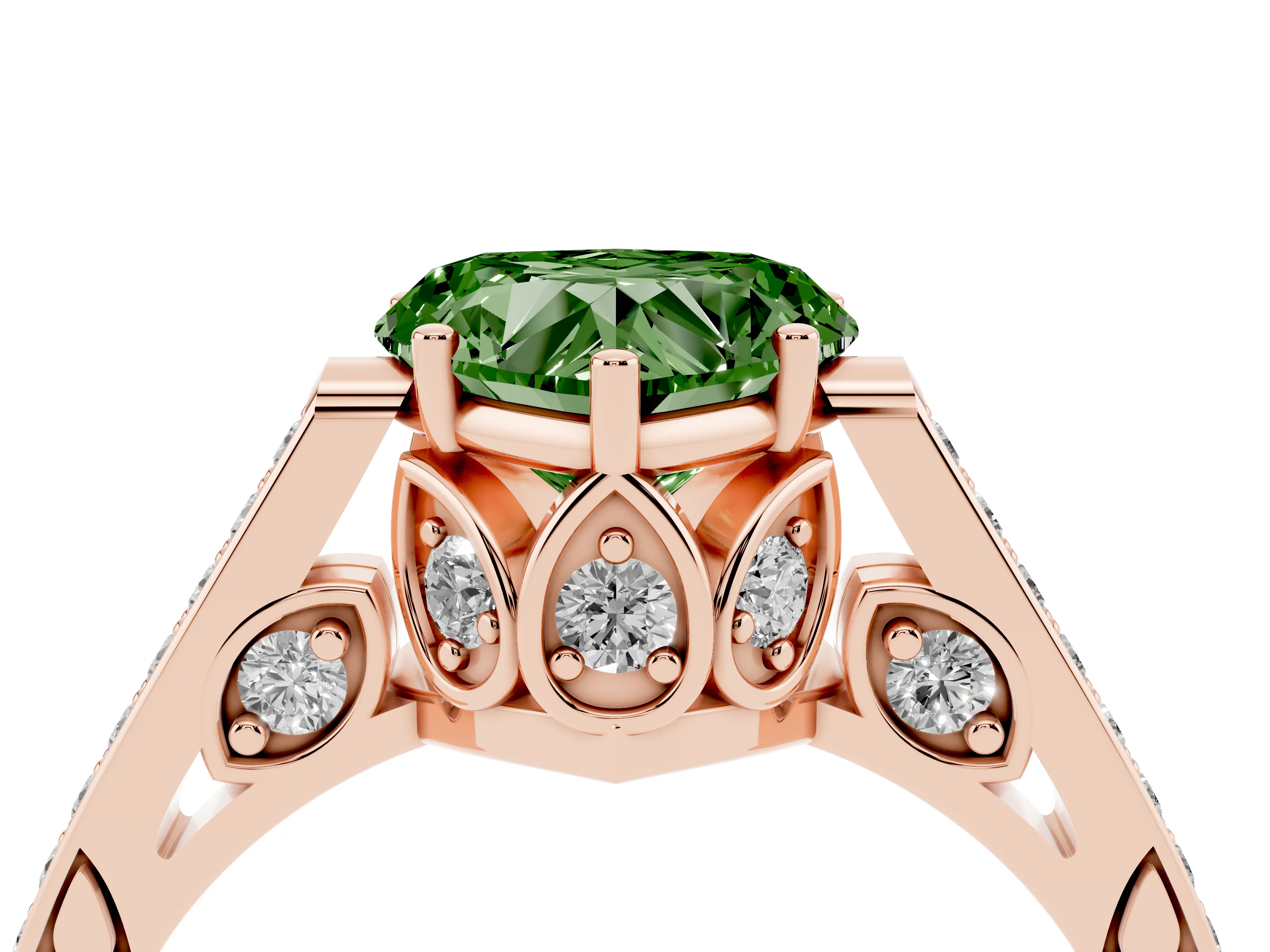 Fancy Green Heart Cut Diamond Cathedral Pavé Engagement Ring Set in Rose gold with Prong Setting