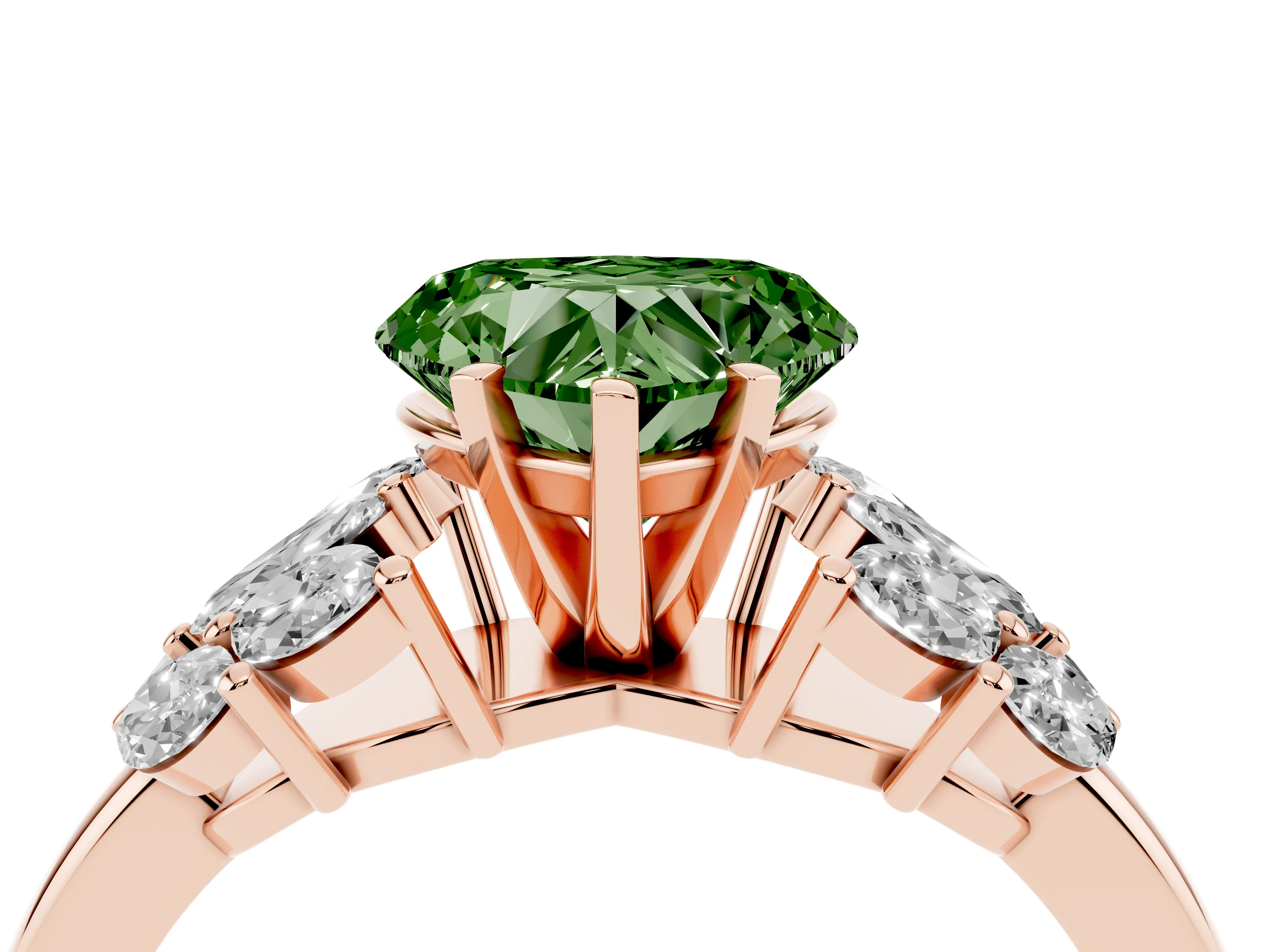 Fancy Green Heart Cut Diamond Cluster Leaf Design Ring Set in Rose gold with Prong Setting