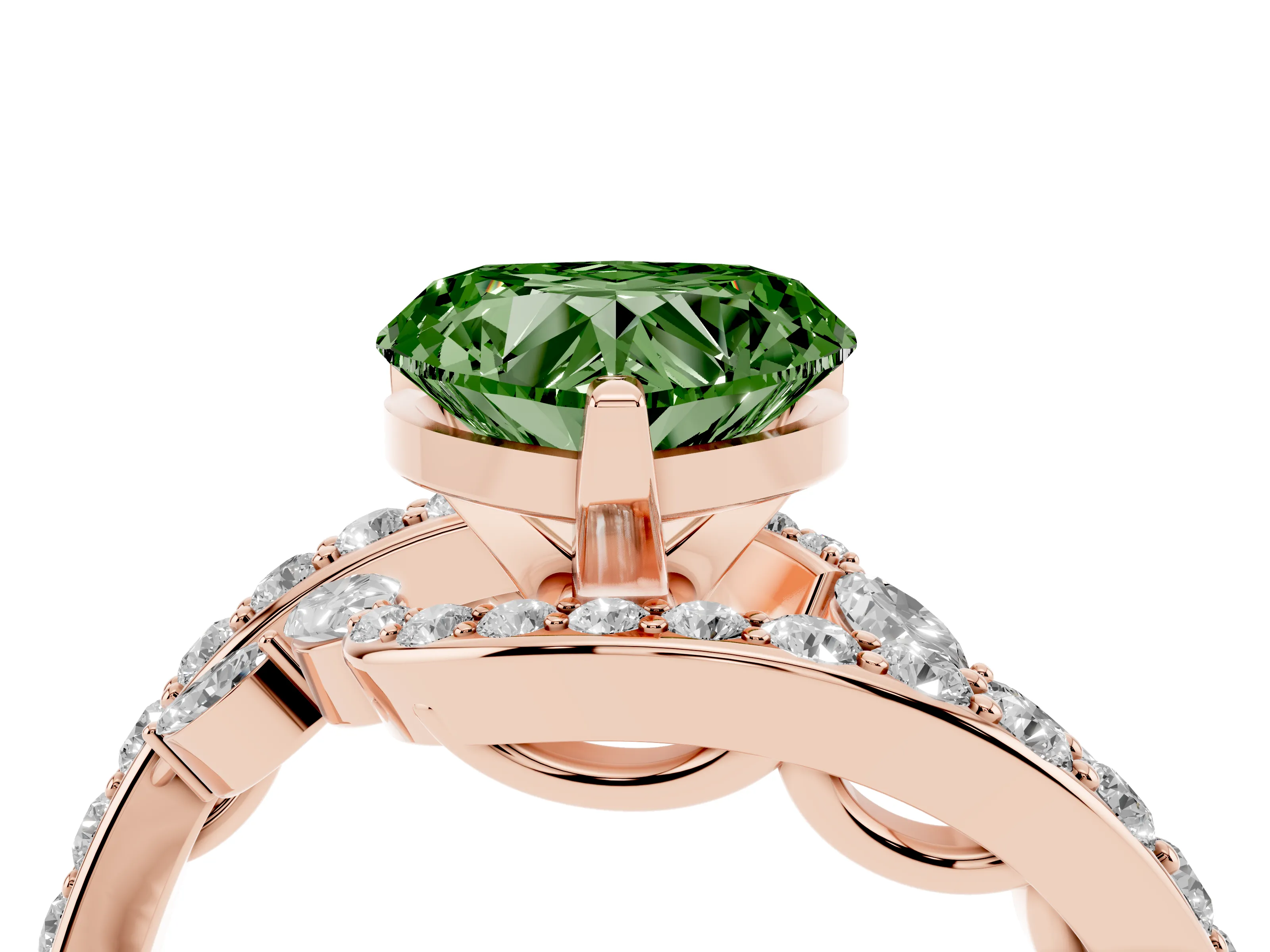 Fancy Green Heart Cut Diamond Solitaire Ring Set in Rose gold with Pavé Twist Band and Secure Prong Setting
