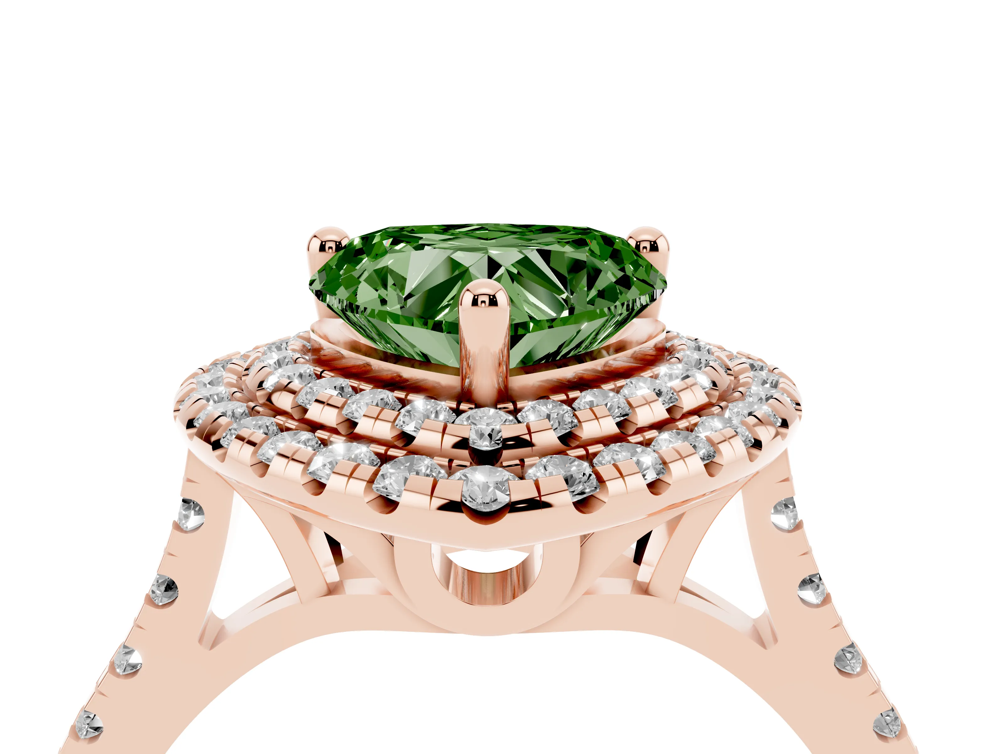 Fancy Green Heart Cut Diamond Double Halo Statement Ring Set in Rose gold with Pavé Band