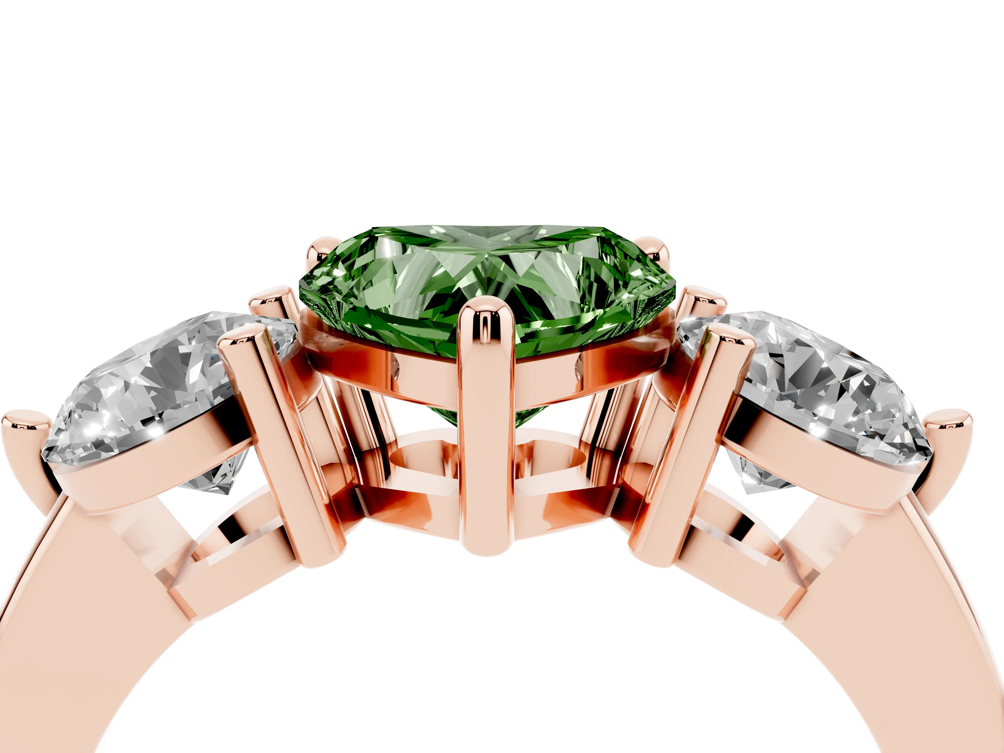 Fancy Green Heart Cut Diamond Three-Stone Ring Set in Rose gold with Prong Setting and Classic Band