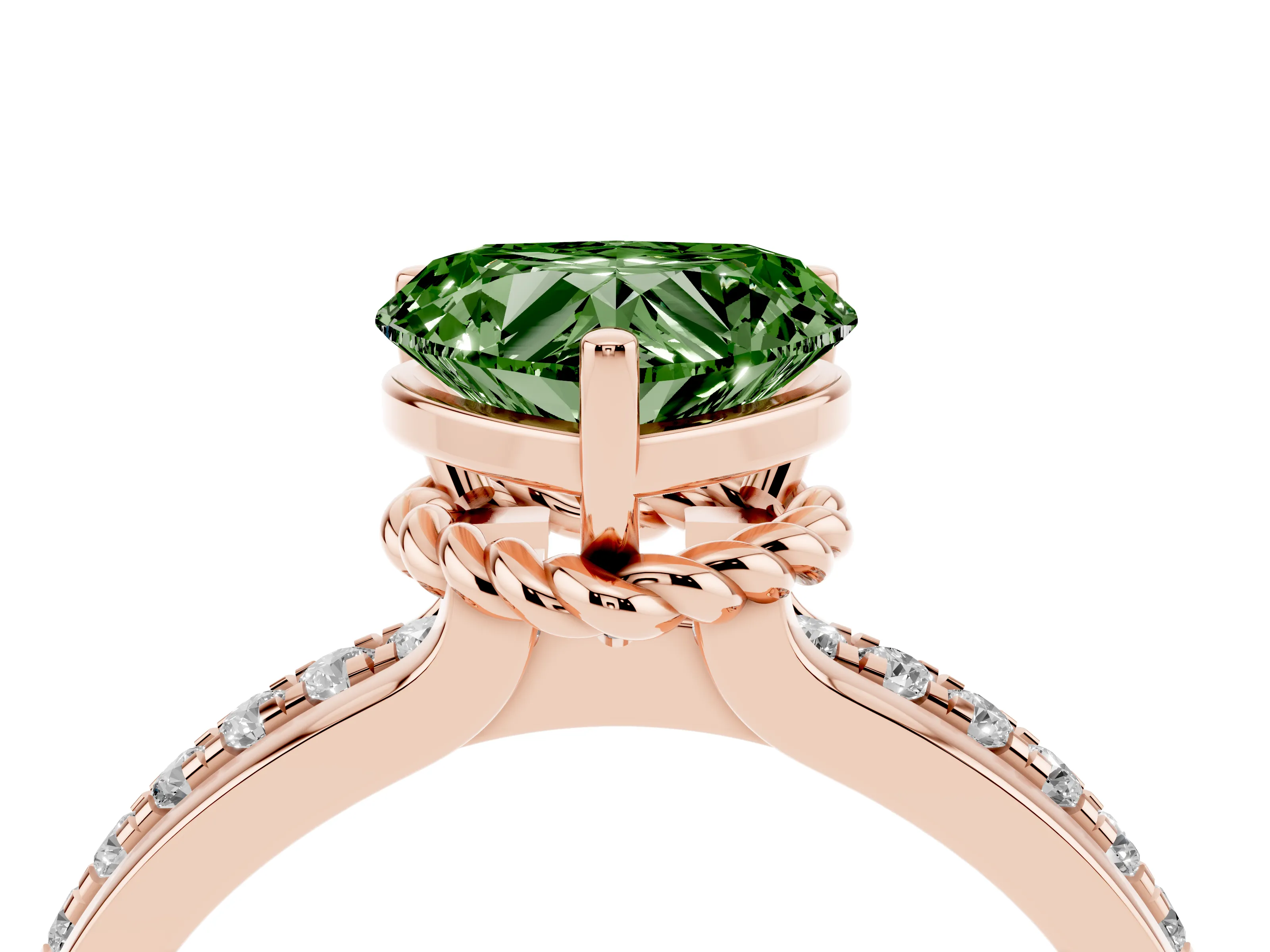 Fancy Green Heart Cut Diamond Solitaire Ring Set in Rose gold with Channel Set Band and Prong Setting