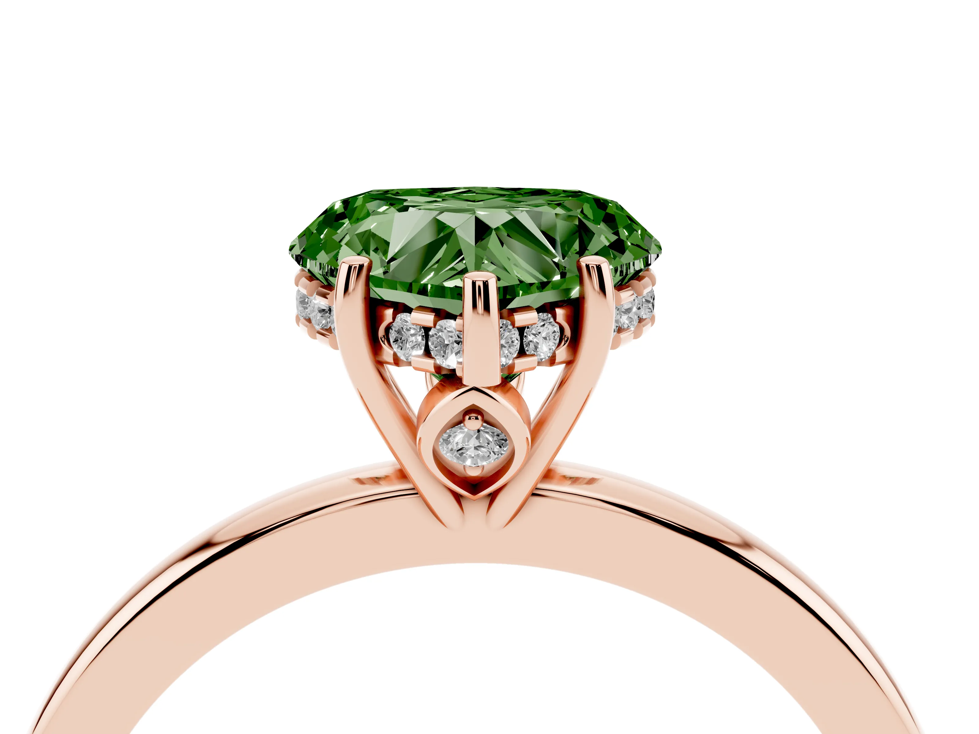 Fancy Green Heart Cut Diamond Solitaire Ring Set in Rose gold with Plain Band and Prong Setting