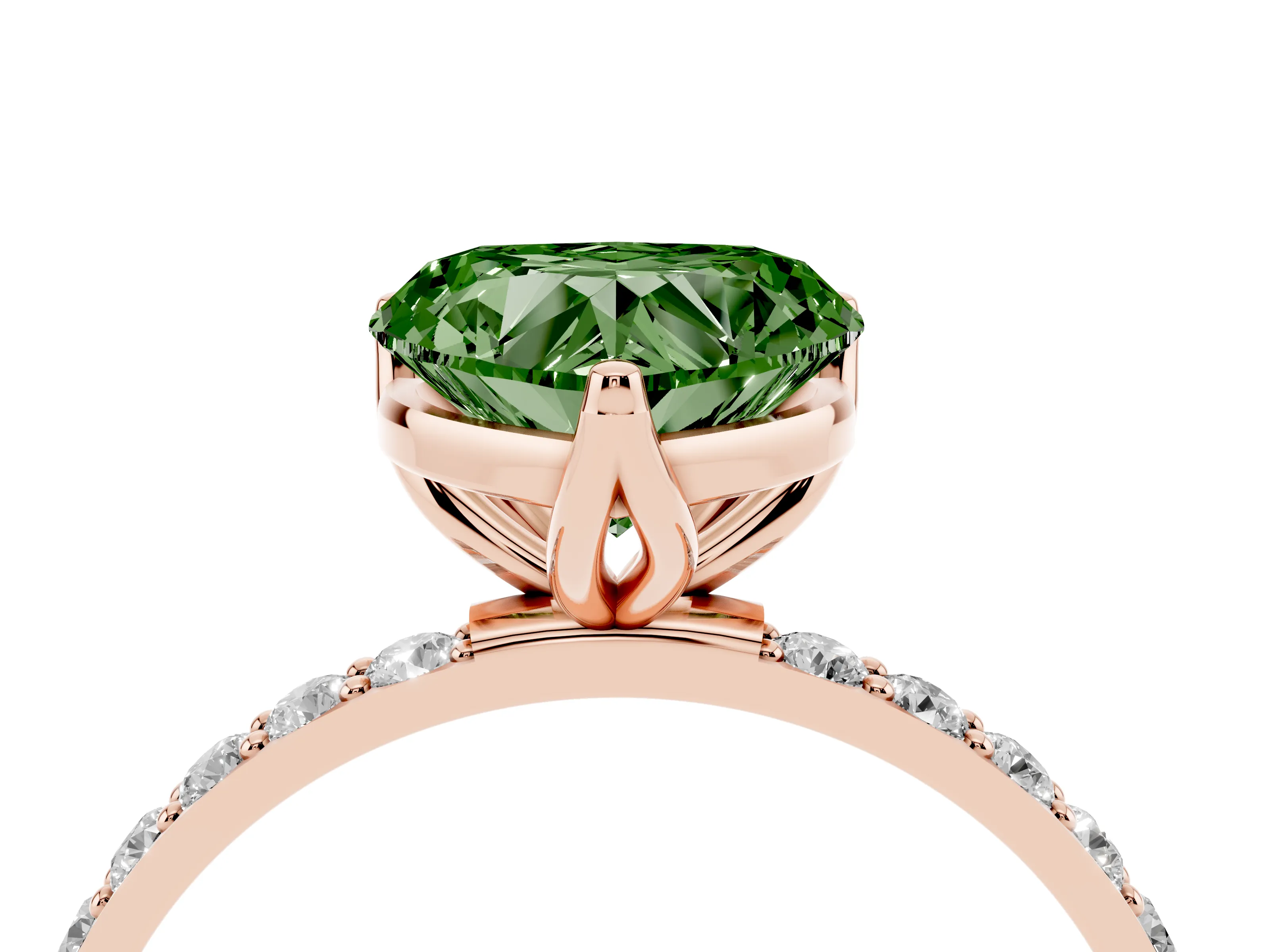 Fancy Green Heart Cut Diamond Solitaire Engagement Ring Set in Rose gold with Round Pavé Band and Prong Setting
