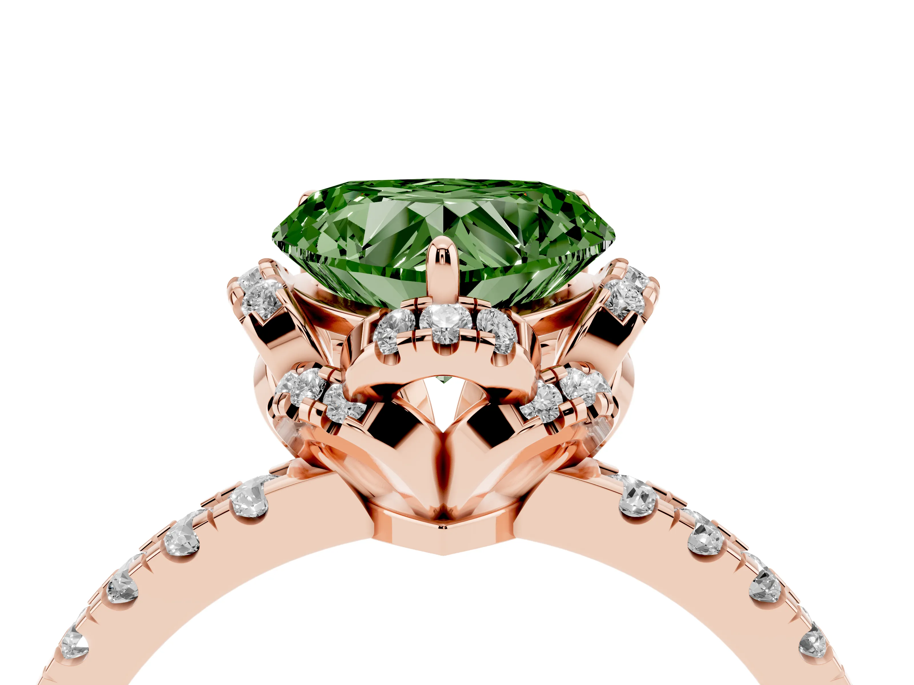 Fancy Green Heart Cut Diamond Halo Pavé Band Ring Set in Rose gold with Prong-Held Center