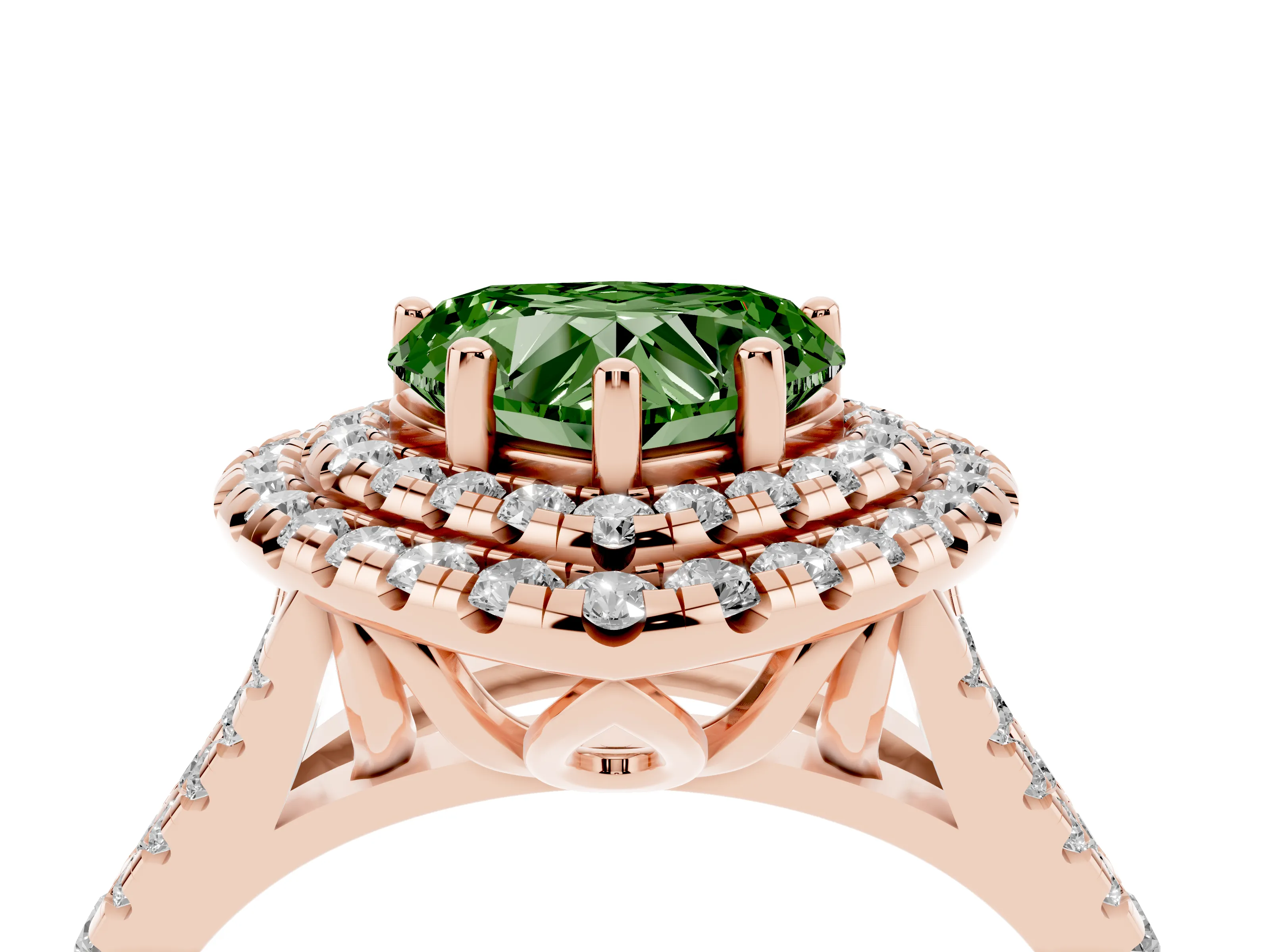 Fancy Green Heart Cut Diamond Double Halo Ring Set in Rose gold with Pavé Split Shank and Prong Setting