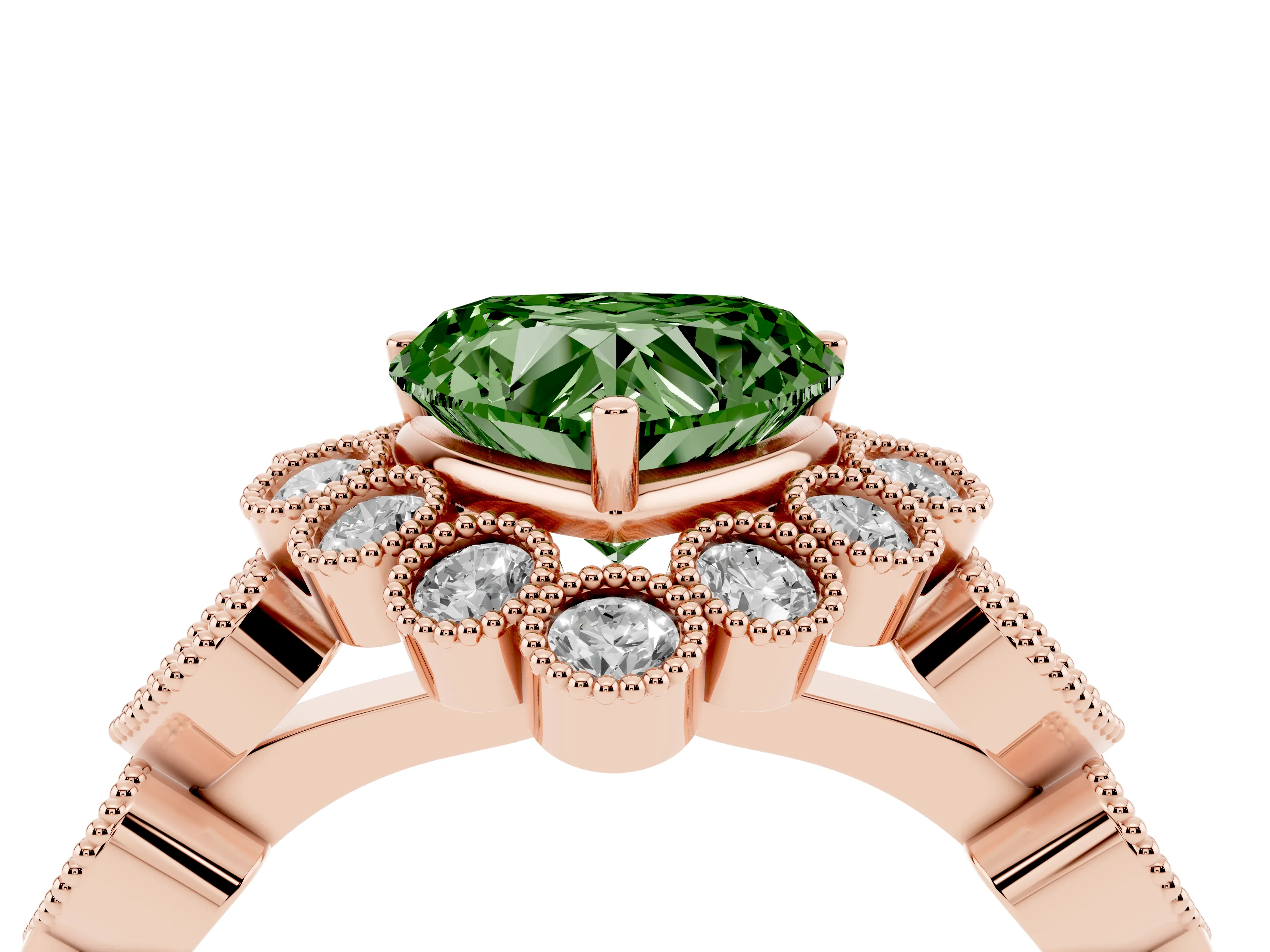 Fancy Green Heart Cut Diamond Solitaire Ring Set in Rose gold with Milgrain Pavé Heart Band
