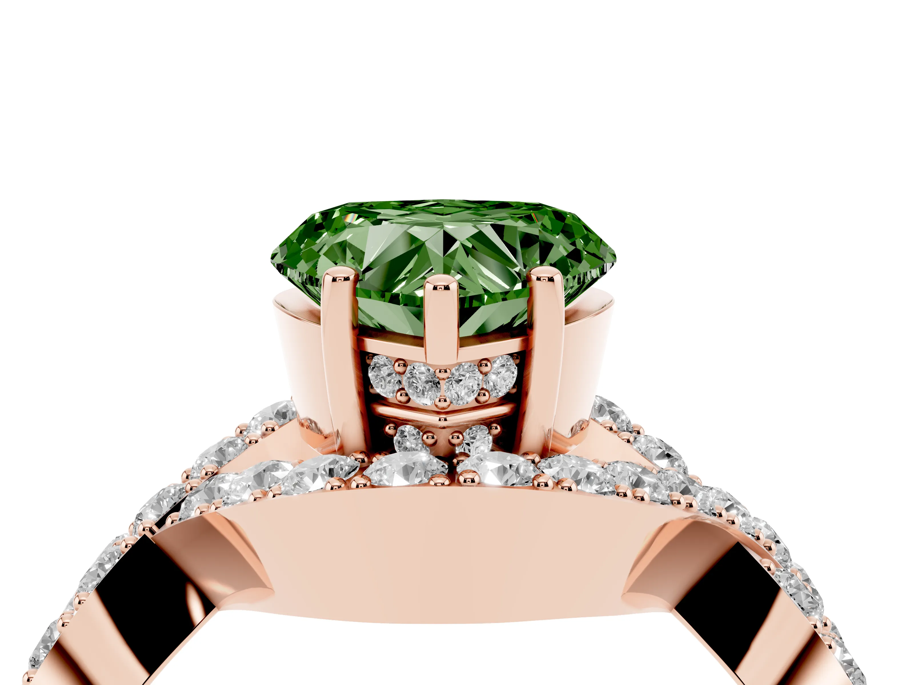 Fancy Green Heart Cut Diamond Solitaire Twist Band Pavé Engagement Ring Set in Rose gold