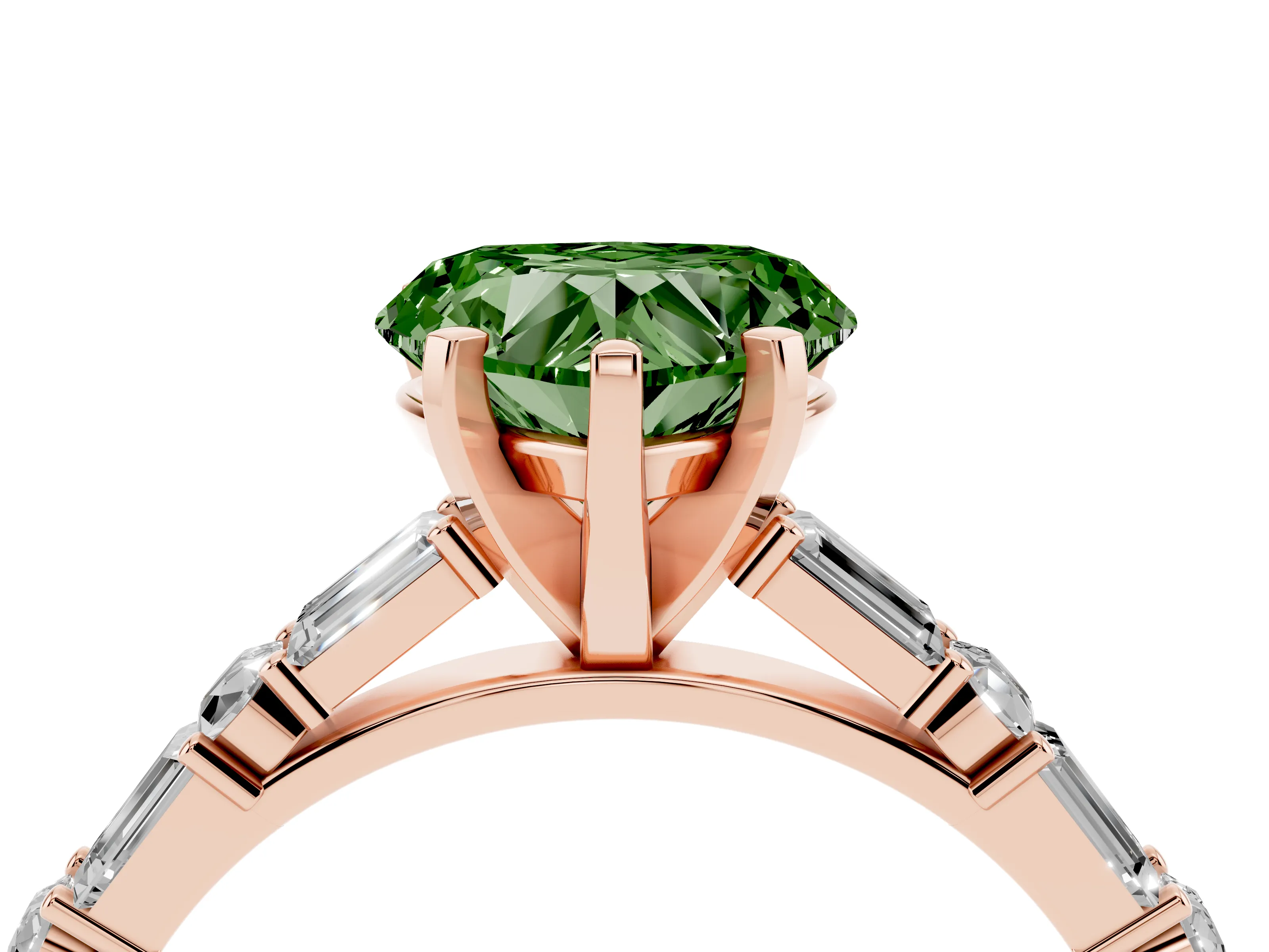 Fancy Green Heart Cut Diamond Solitaire Set in Rose gold with Side Baguettes and Channel Set Band