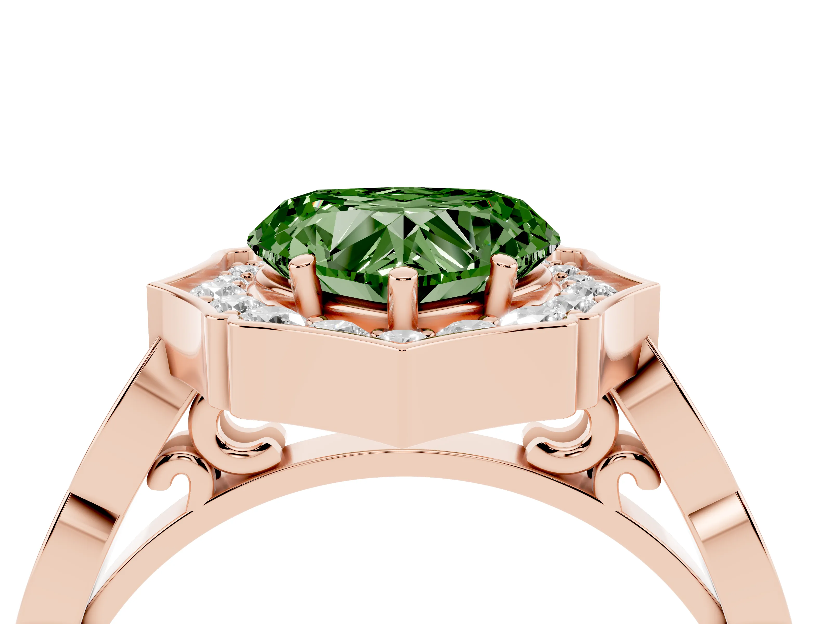 Fancy Green Heart Cut Diamond Halo Engagement Ring Set in Rose gold with Milgrain Band and Prong Setting